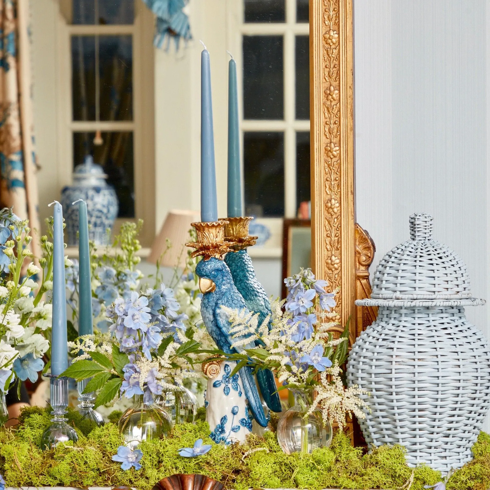 Blue & White Parrot Candle Holder (Pair)|Mrs. Alice Online