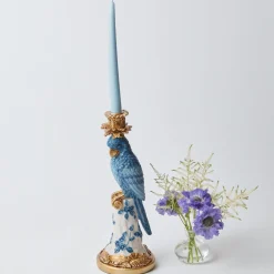 Blue & White Parrot Candle Holder (Pair)|Mrs. Alice Online