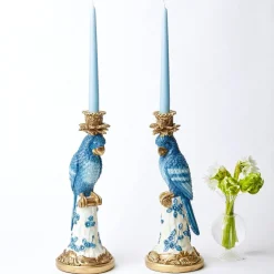 Blue & White Parrot Candle Holder (Pair)|Mrs. Alice Online