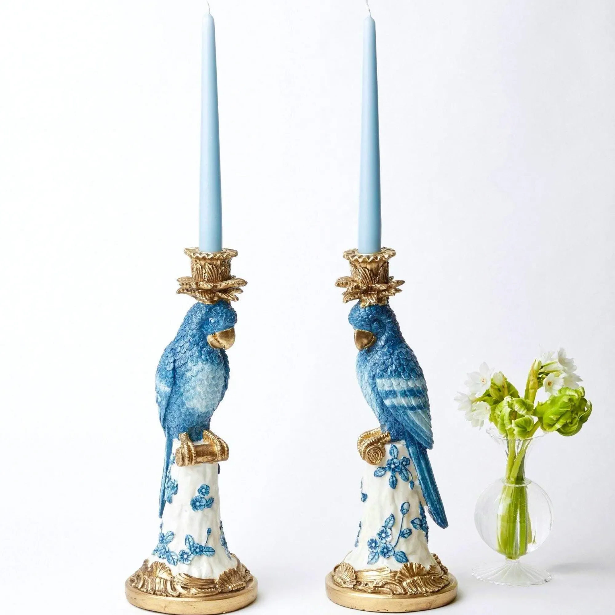 Blue & White Parrot Candle Holder (Pair)|Mrs. Alice Online