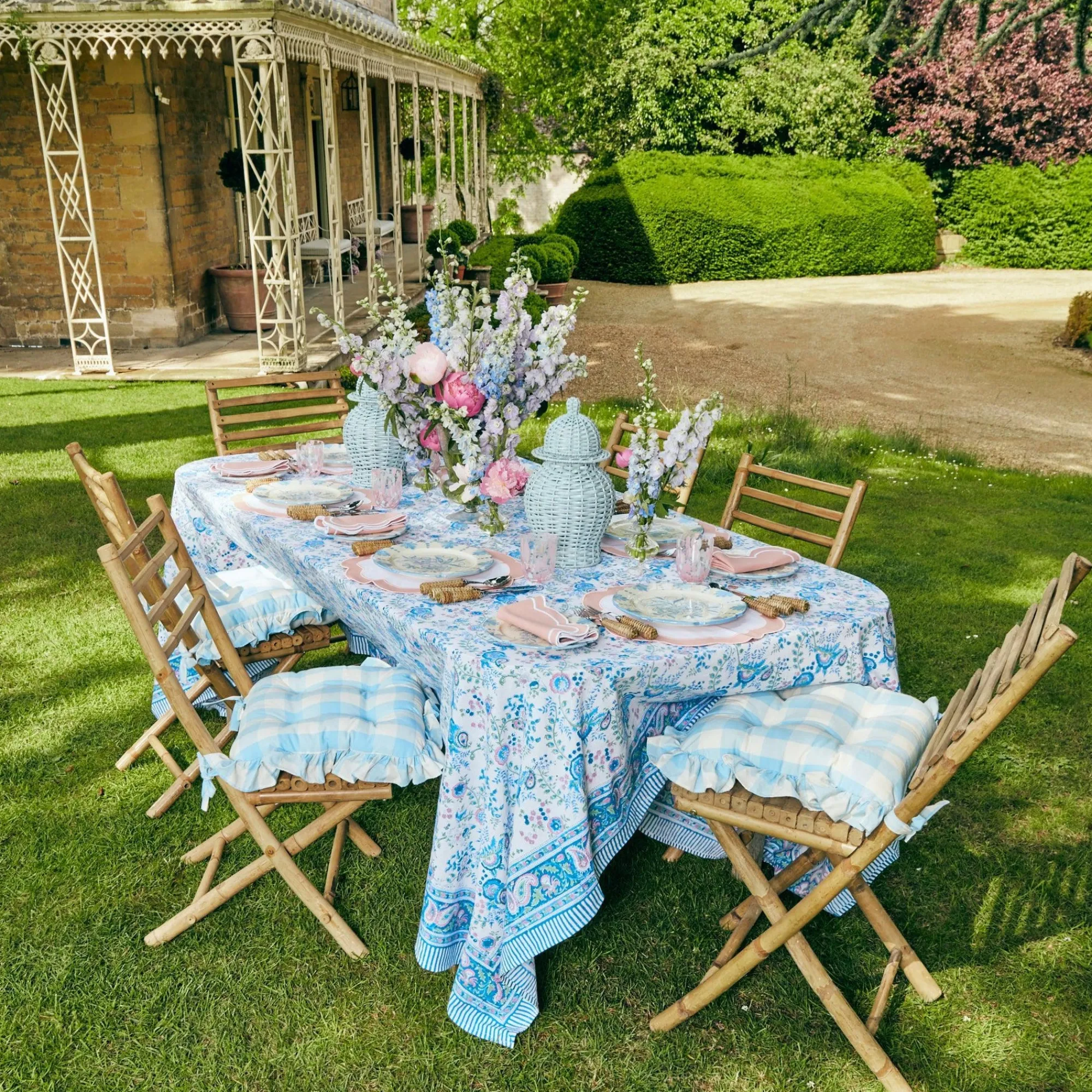 Blue Gingham Ruffle Seat Pad Cushion (Set Of 4)|Mrs. Alice Sale