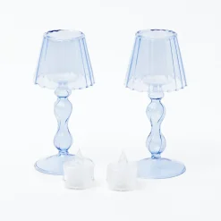 Blue Glass Lantern Tea Light Holder (Pair) - 18 Cm|Mrs. Alice Outlet