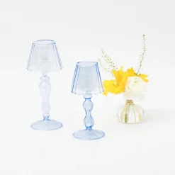 Blue Glass Lantern Tea Light Holders (Pair) - 24Cm|Mrs. Alice Clearance