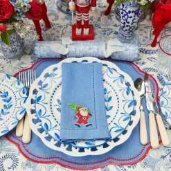 Blue Hand Embroidered Father Christmas Napkins (Set Of 4)|Mrs. Alice Discount