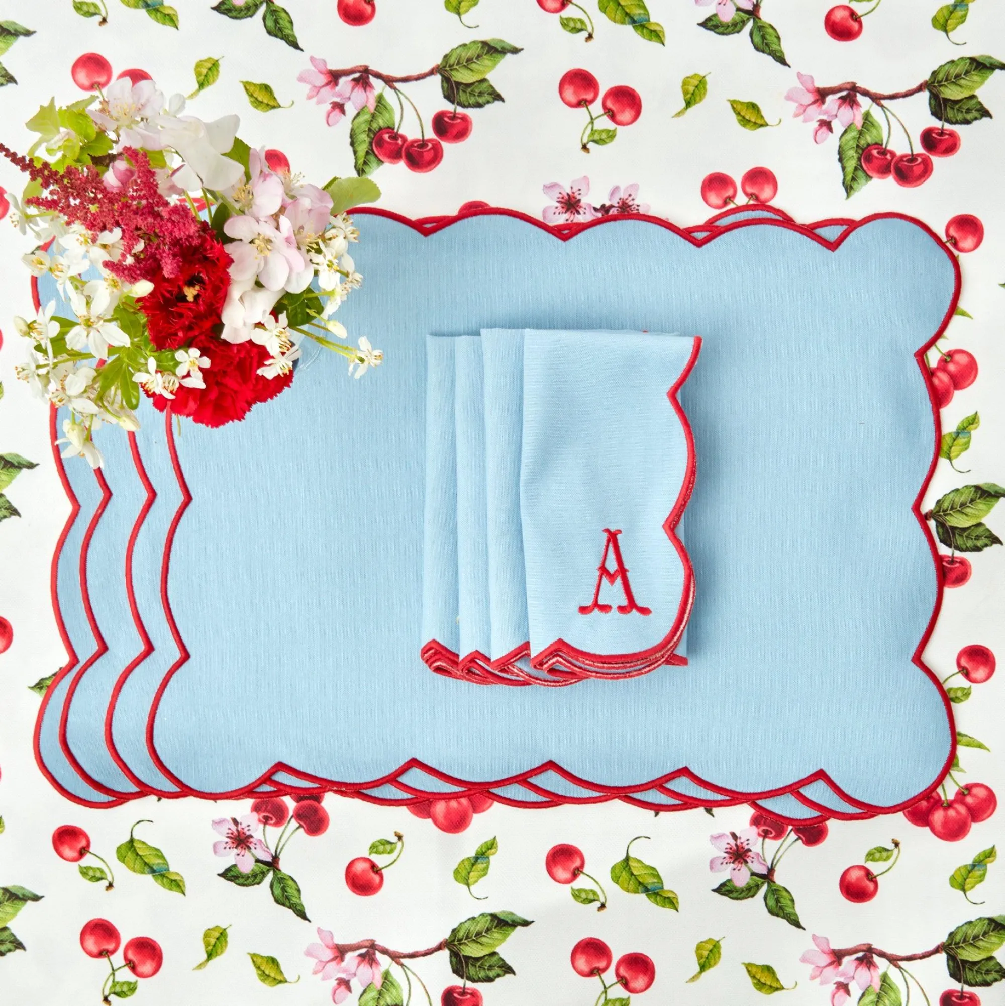 Blue With Red Scallop Napkins (Set Of 4)|Mrs. Alice Best