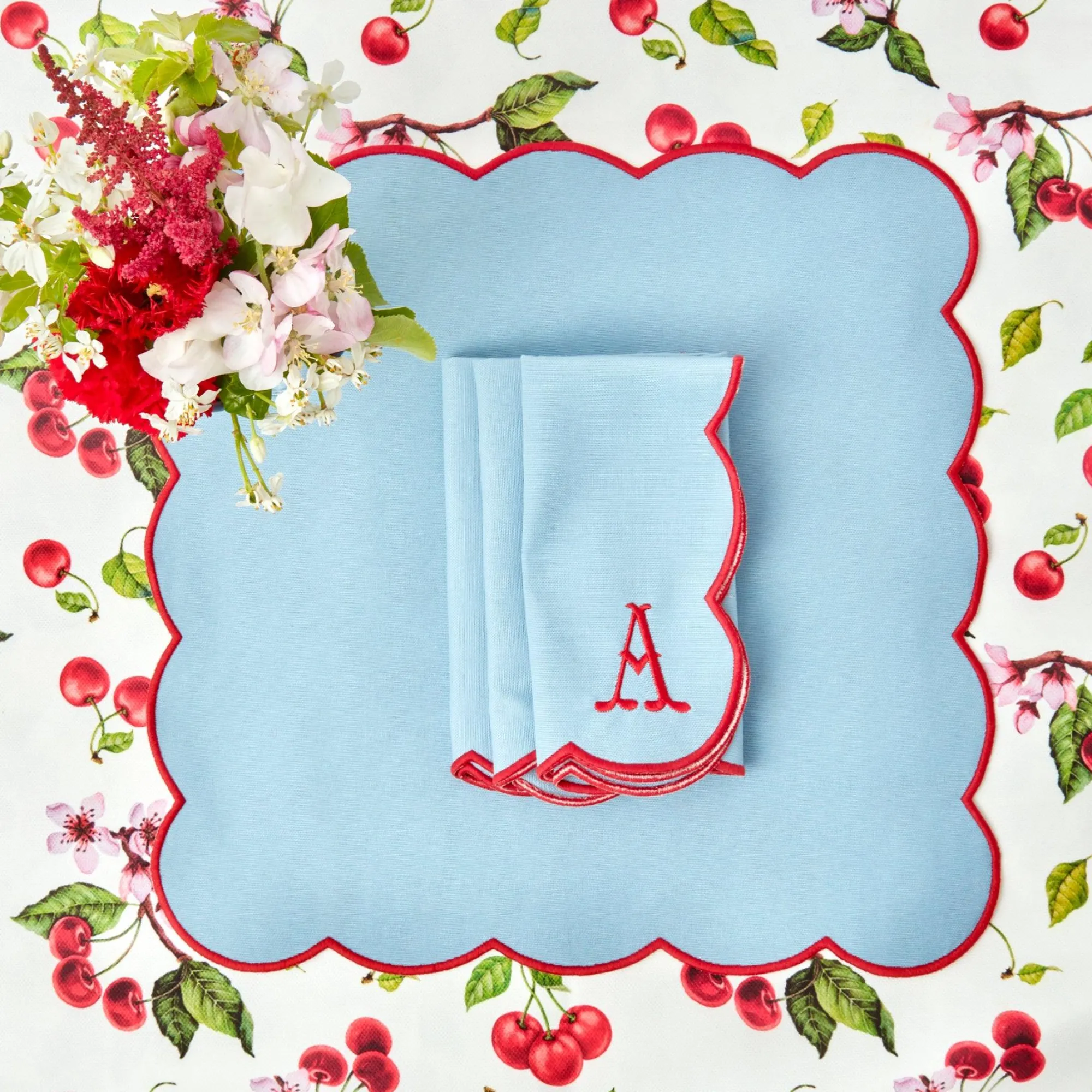 Blue With Red Scallop Napkins (Set Of 4)|Mrs. Alice Best