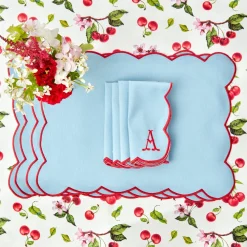 Blue With Red Scallop Placemats & Napkins (Set Of 4)|Mrs. Alice Discount