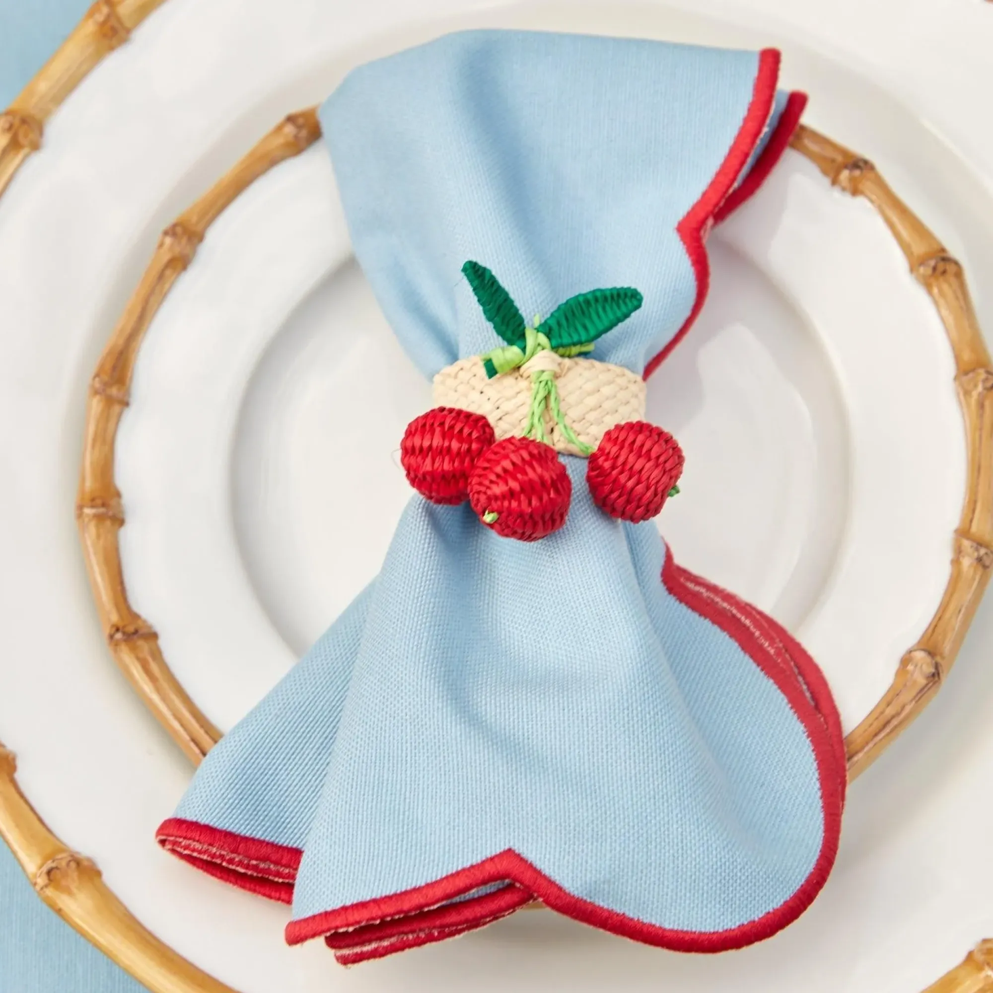 Blue With Red Scallop Placemats & Napkins (Set Of 4)|Mrs. Alice Discount