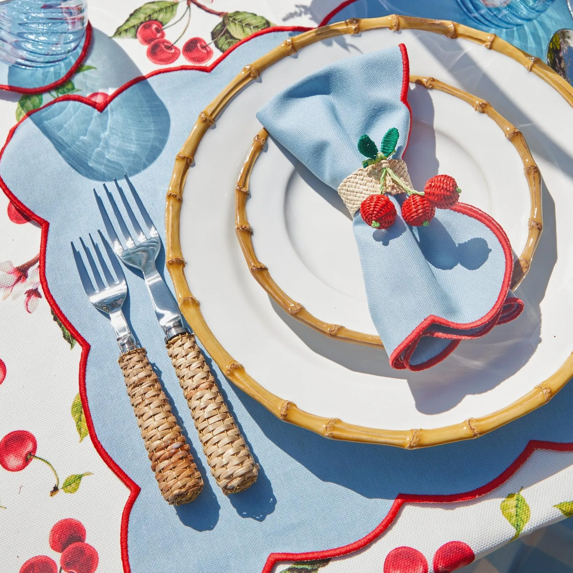 Blue With Red Scallop Placemats & Napkins (Set Of 4)|Mrs. Alice Discount