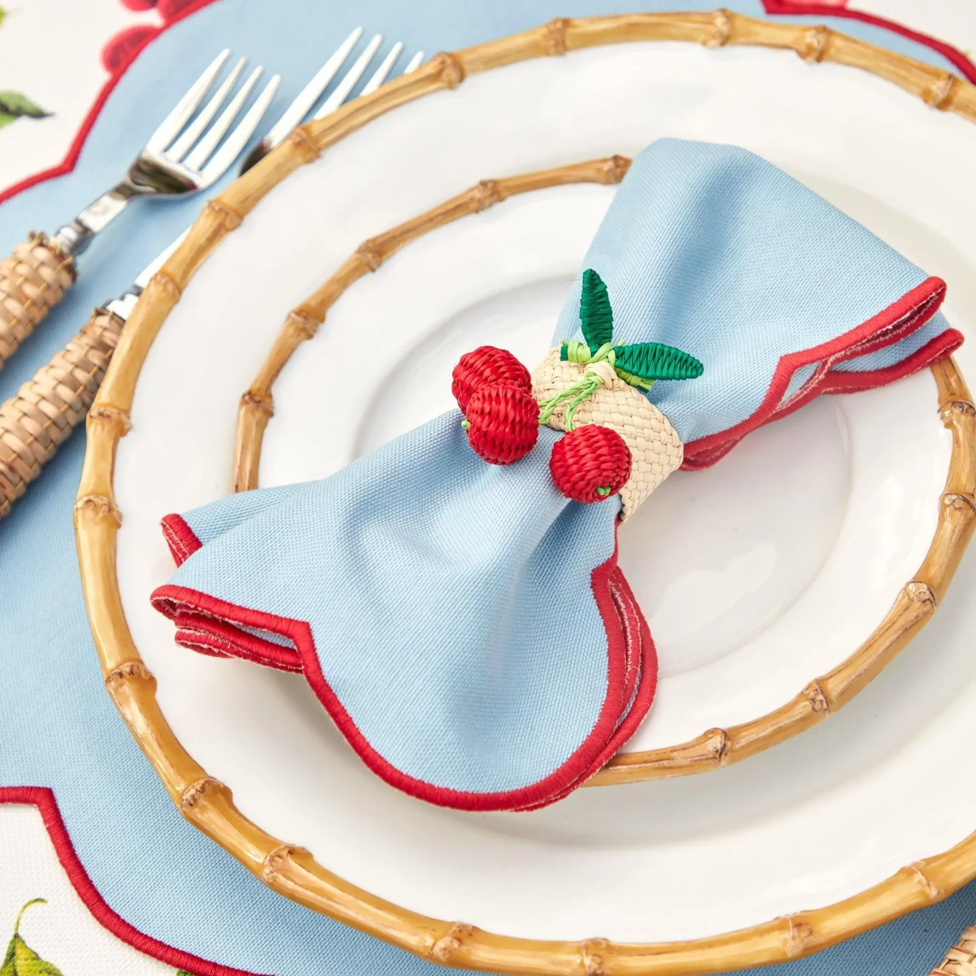 Blue With Red Scallop Placemats & Napkins (Set Of 4)|Mrs. Alice Discount