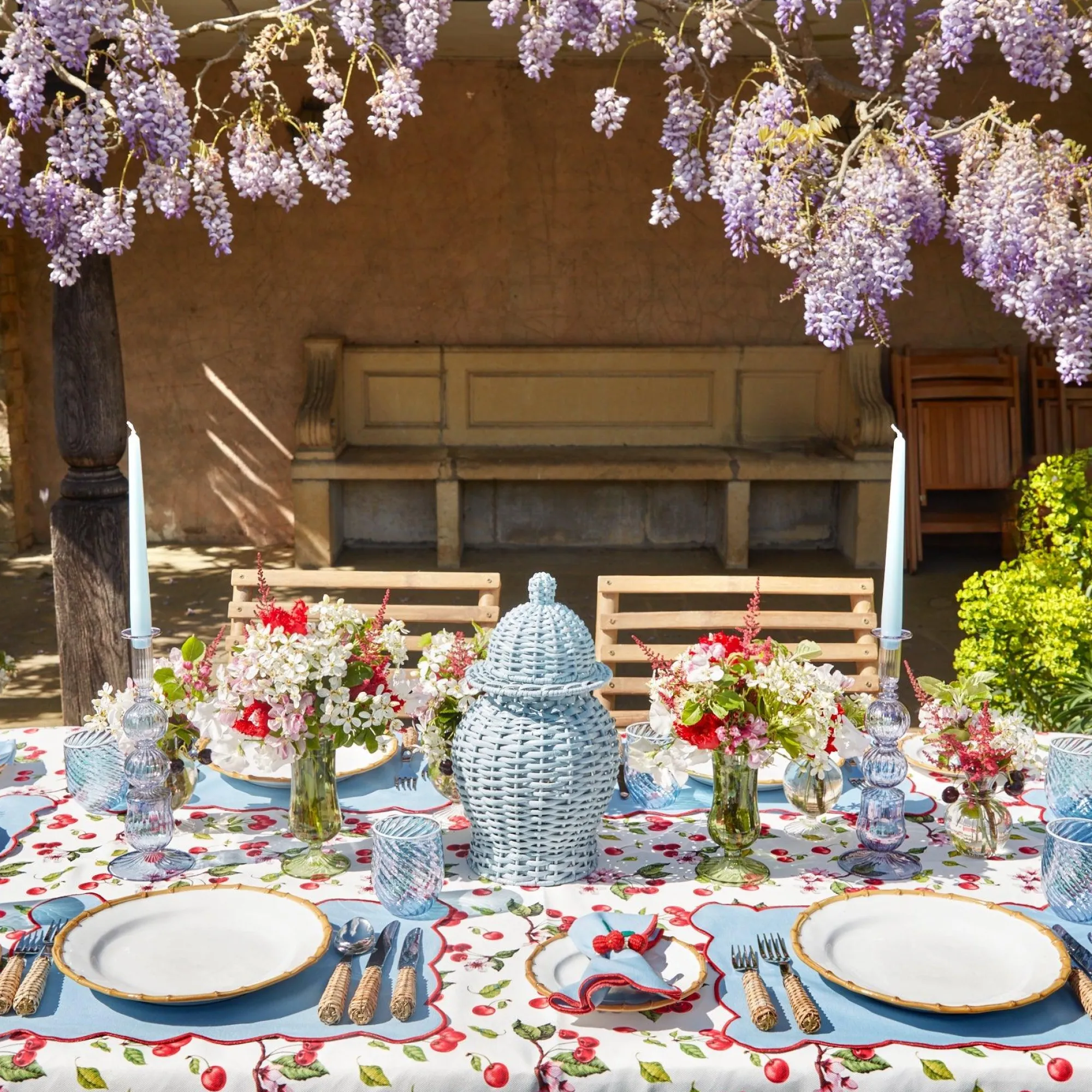 Blue With Red Scallop Placemats & Napkins (Set Of 4)|Mrs. Alice Discount