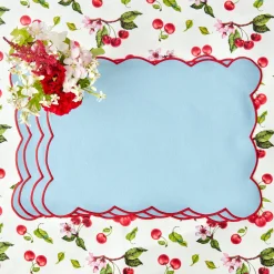 Blue With Red Scallop Placemats & Napkins (Set Of 4)|Mrs. Alice Discount