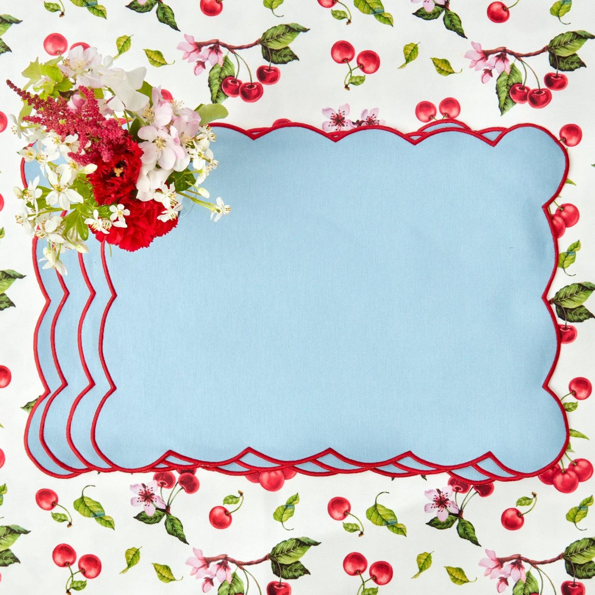 Blue With Red Scallop Placemats & Napkins (Set Of 4)|Mrs. Alice Discount