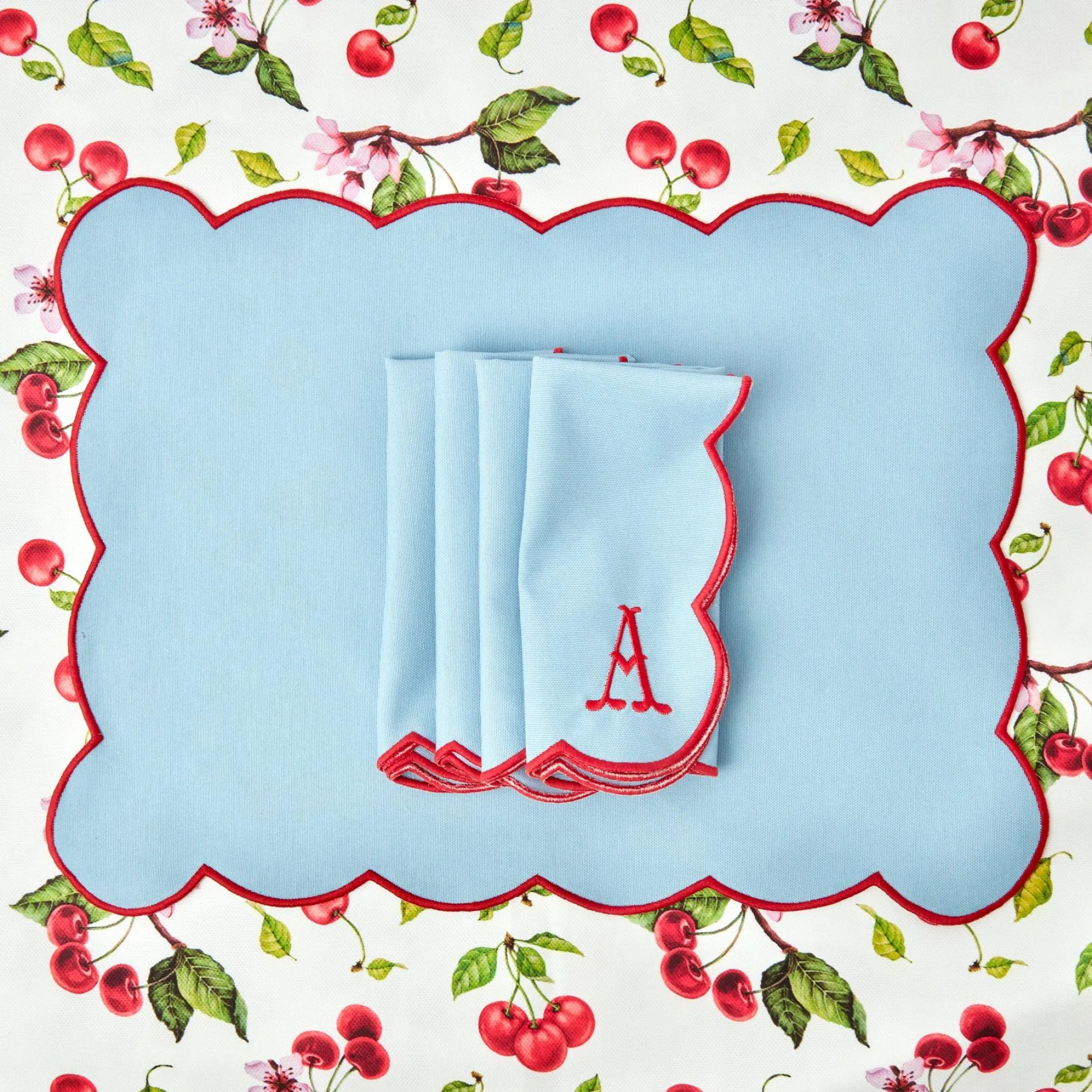 Blue With Red Scallop Placemat (Set Of 4)|Mrs. Alice New