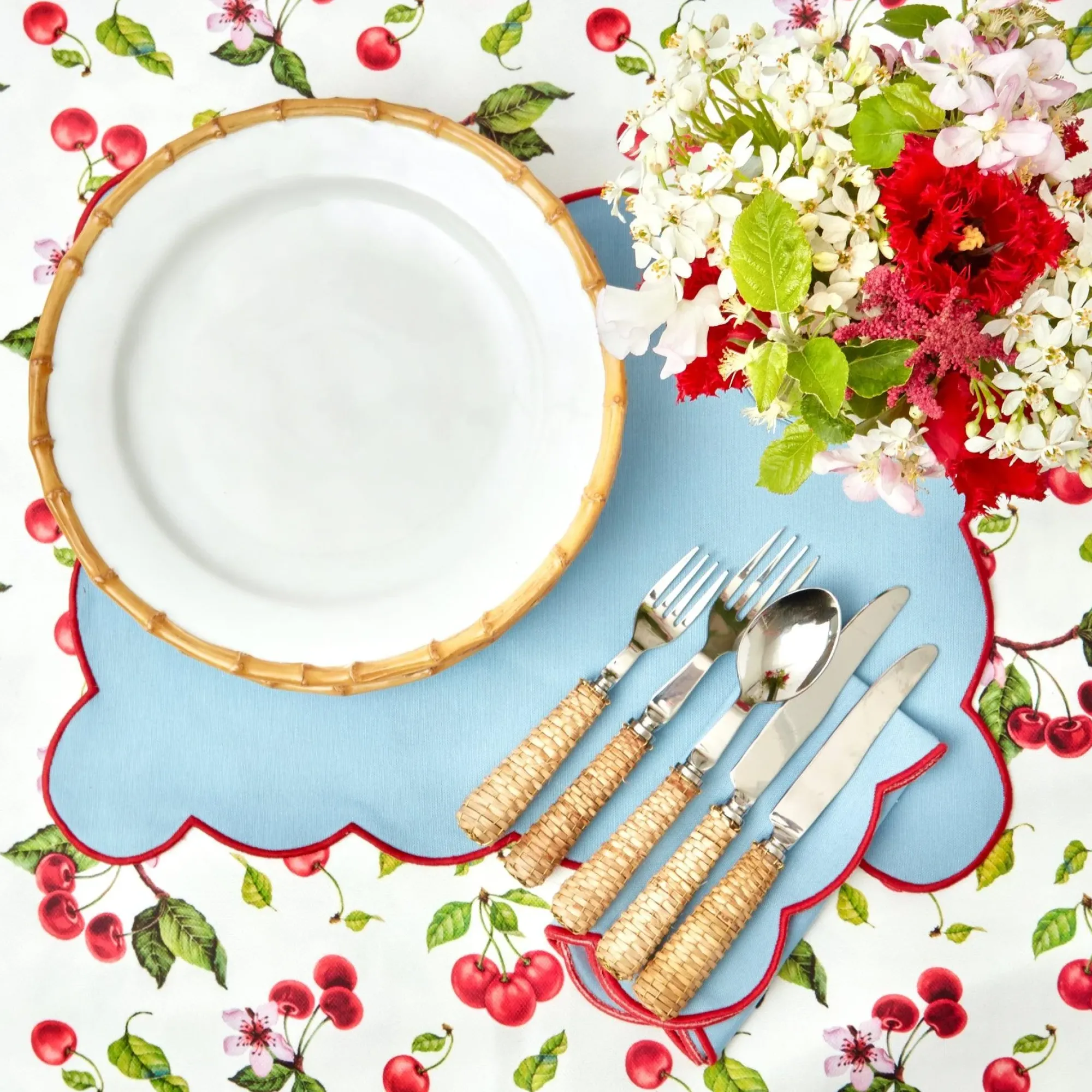 Blue With Red Scallop Placemat (Set Of 4)|Mrs. Alice New