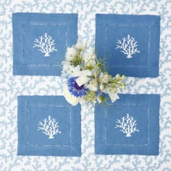 Coral Blue Linen Cocktail Napkins (Set Of 4)|Mrs. Alice Outlet