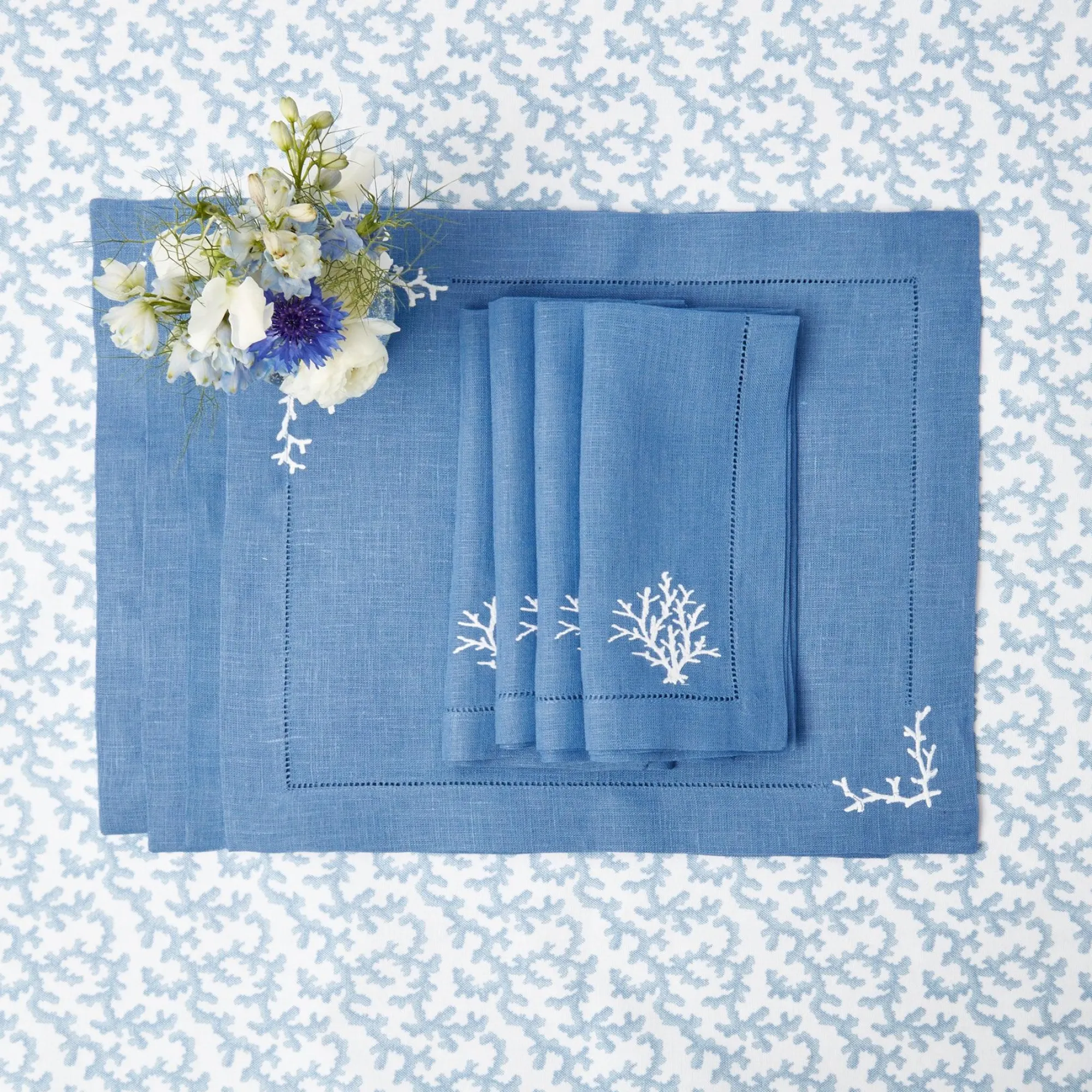 Coral Blue Linen Placemats & Napkins (Set Of 4)|Mrs. Alice New