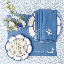 Coral Blue Linen Placemats & Napkins (Set Of 4)|Mrs. Alice New