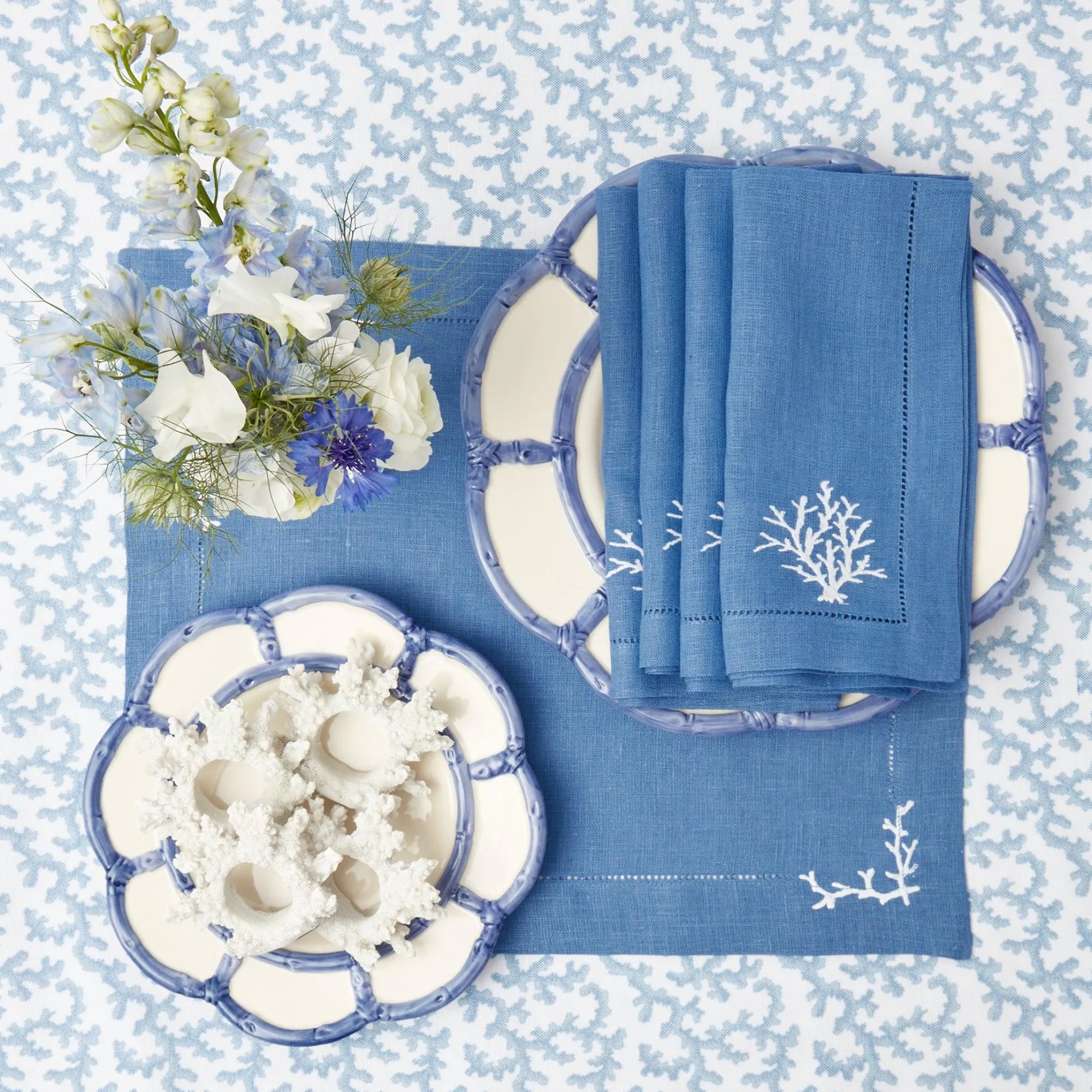 Coral Blue Linen Placemats & Napkins (Set Of 4)|Mrs. Alice New
