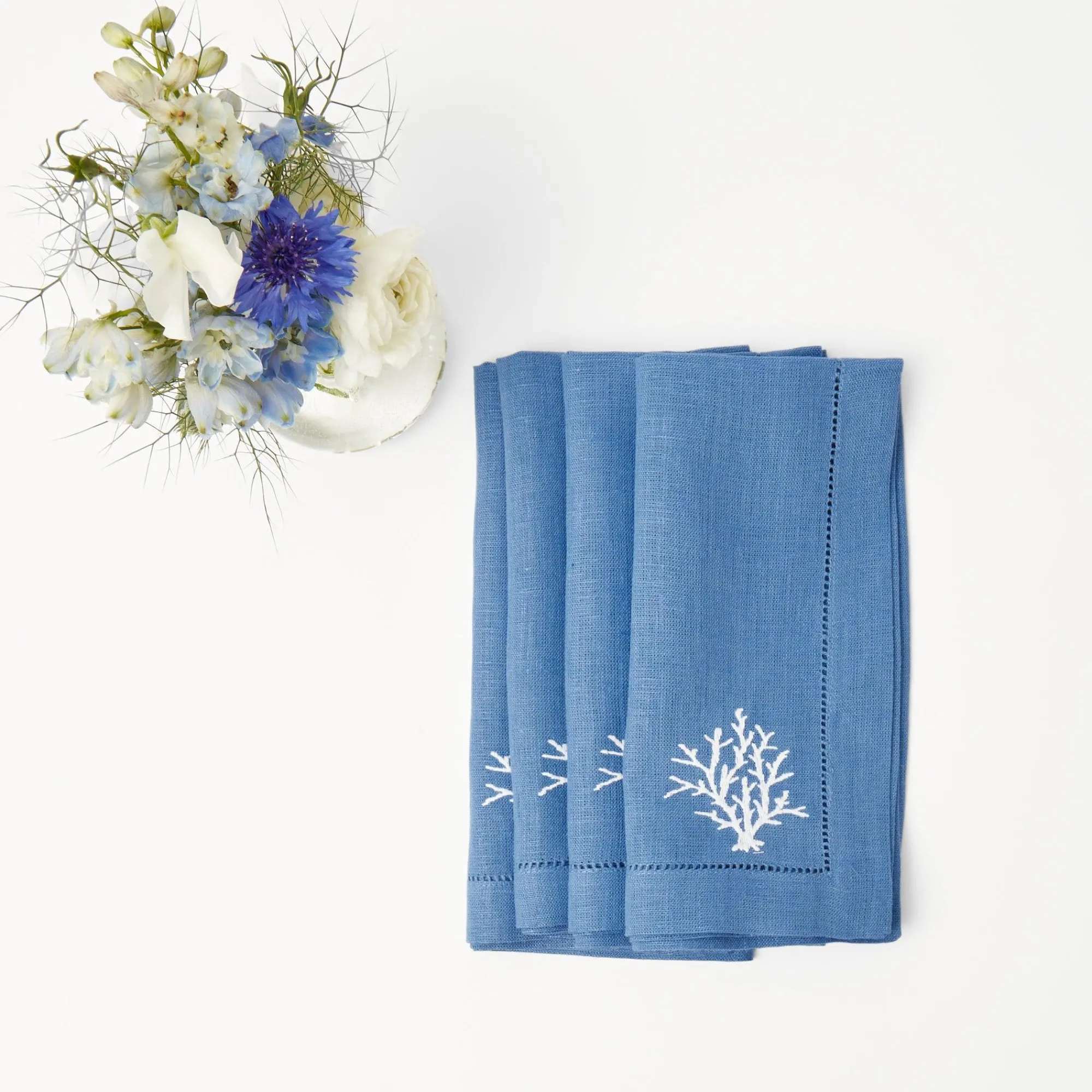 Coral Blue Linen Placemats & Napkins (Set Of 4)|Mrs. Alice New