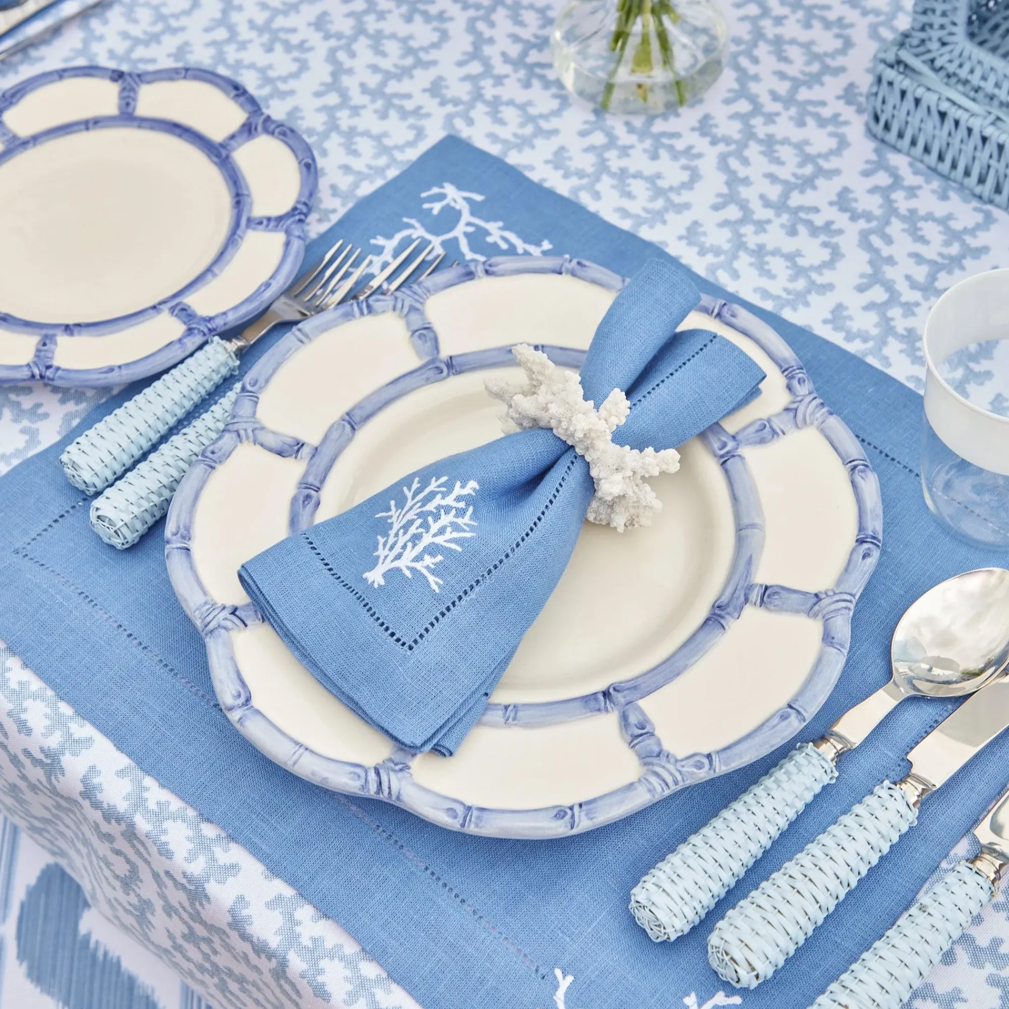 Coral Blue Linen Placemats & Napkins (Set Of 4)|Mrs. Alice New