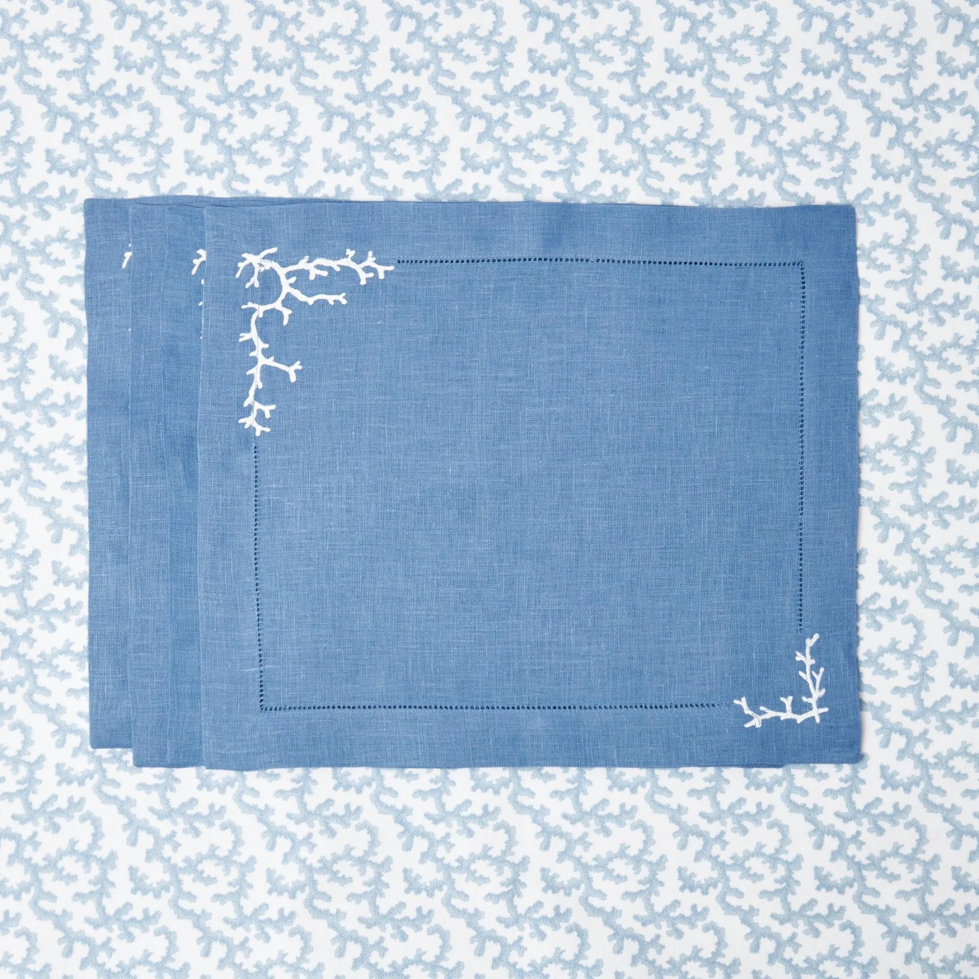 Coral Blue Linen Placemats & Napkins (Set Of 4)|Mrs. Alice New