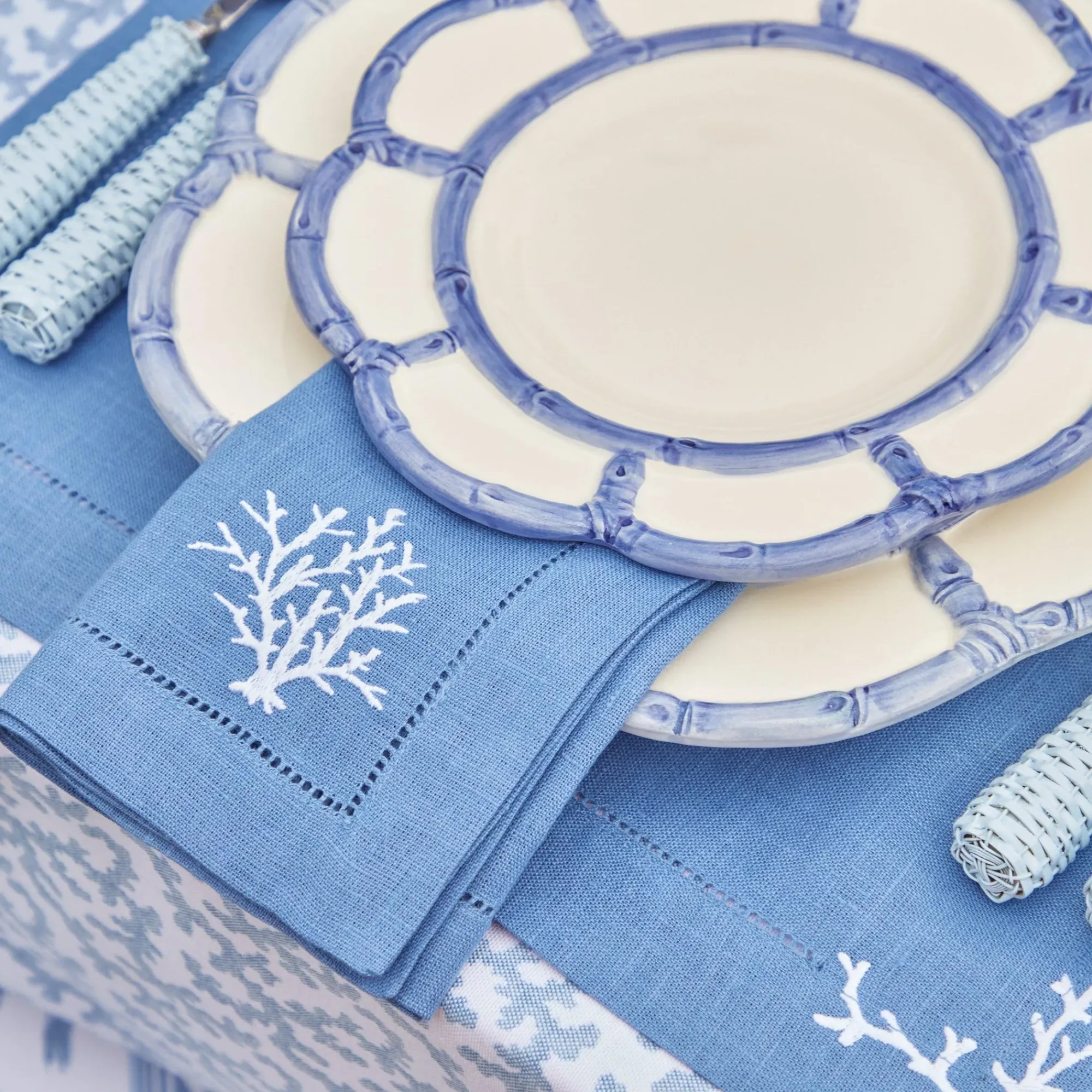 Coral Blue Linen Placemats & Napkins (Set Of 4)|Mrs. Alice New