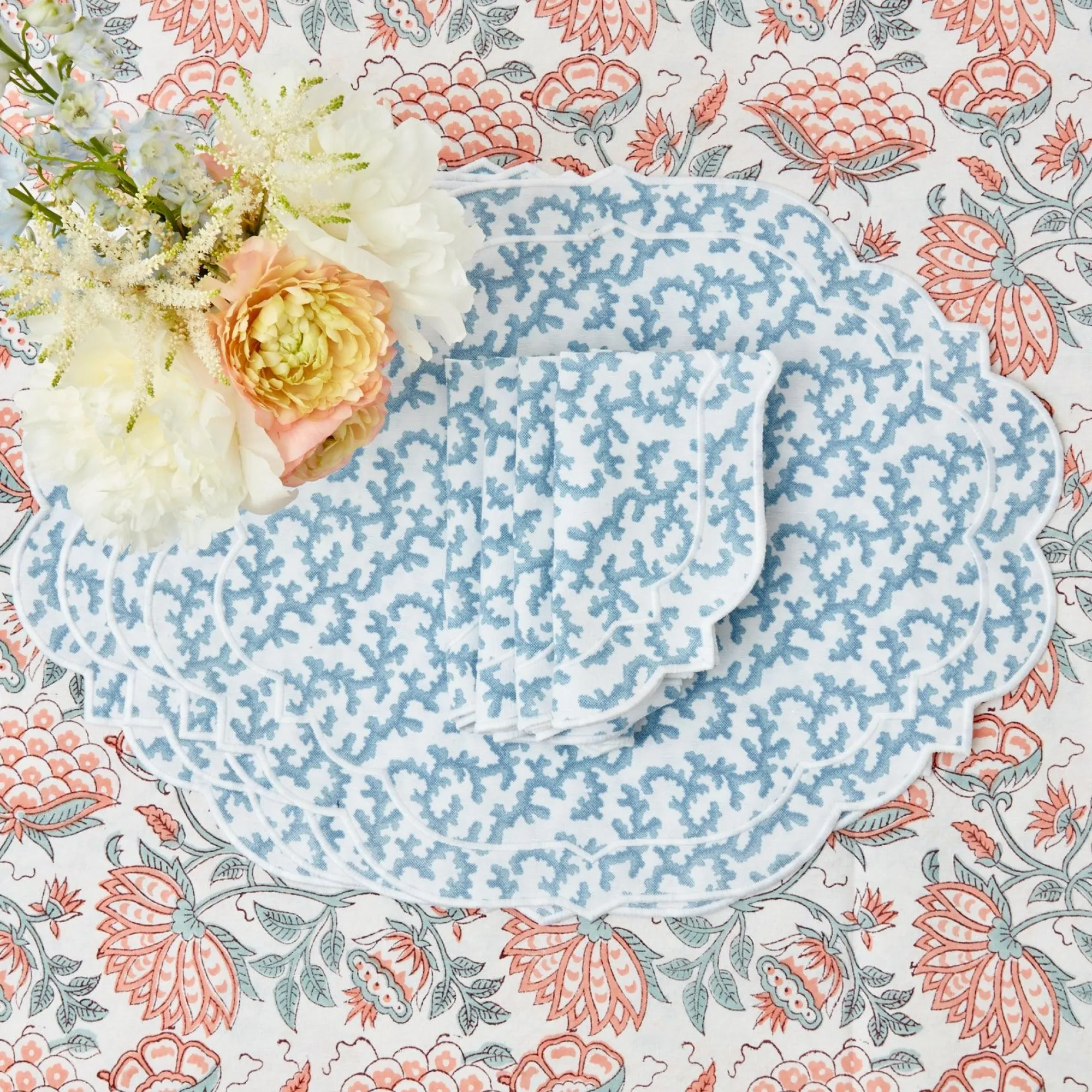 Edie Blue Coral Placemats & Napkins (Set Of 4)|Mrs. Alice Online