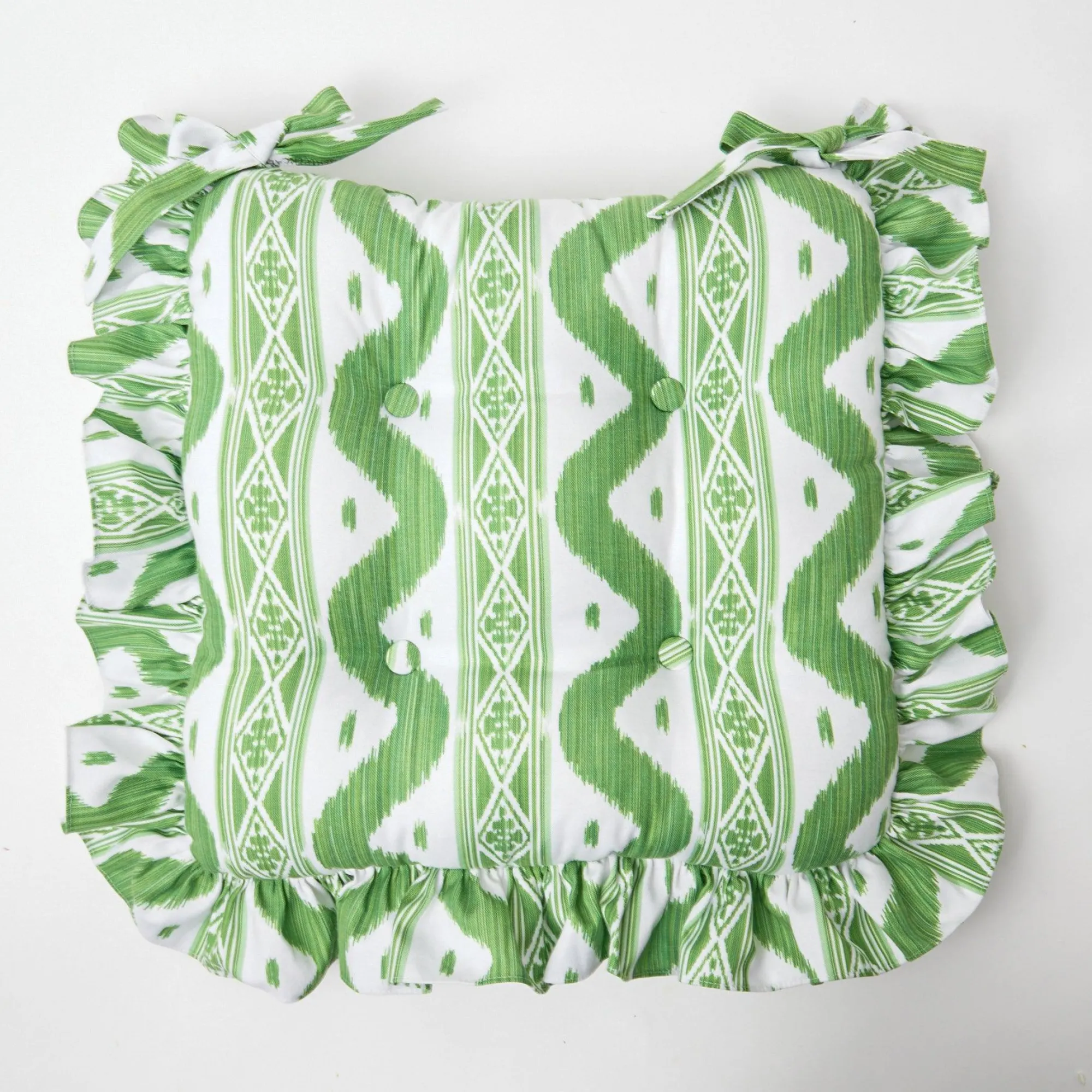 Frilled Green Ikat Seat Pad Cushion|Mrs. Alice Online