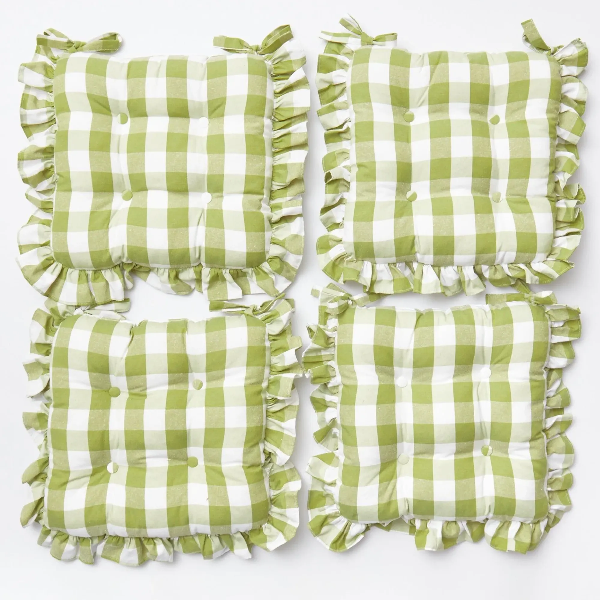 Green Gingham Ruffle Seat Pad Cushions (Set Of 4)|Mrs. Alice Best