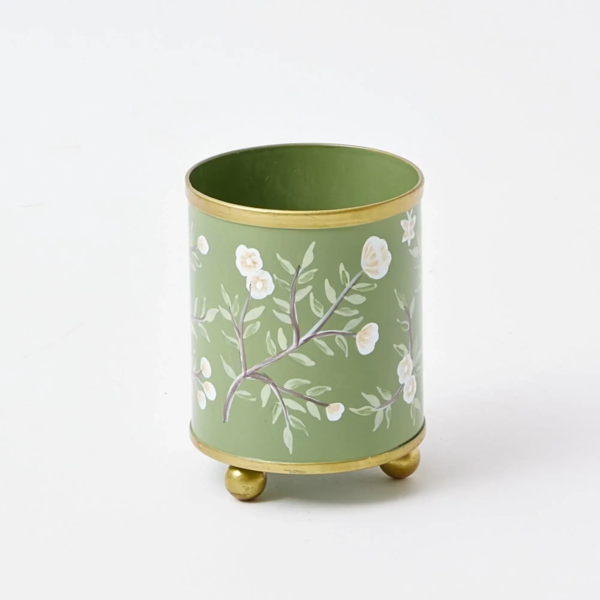Hand Painted Olive Floral Tole Candle Pot|Mrs. Alice Sale