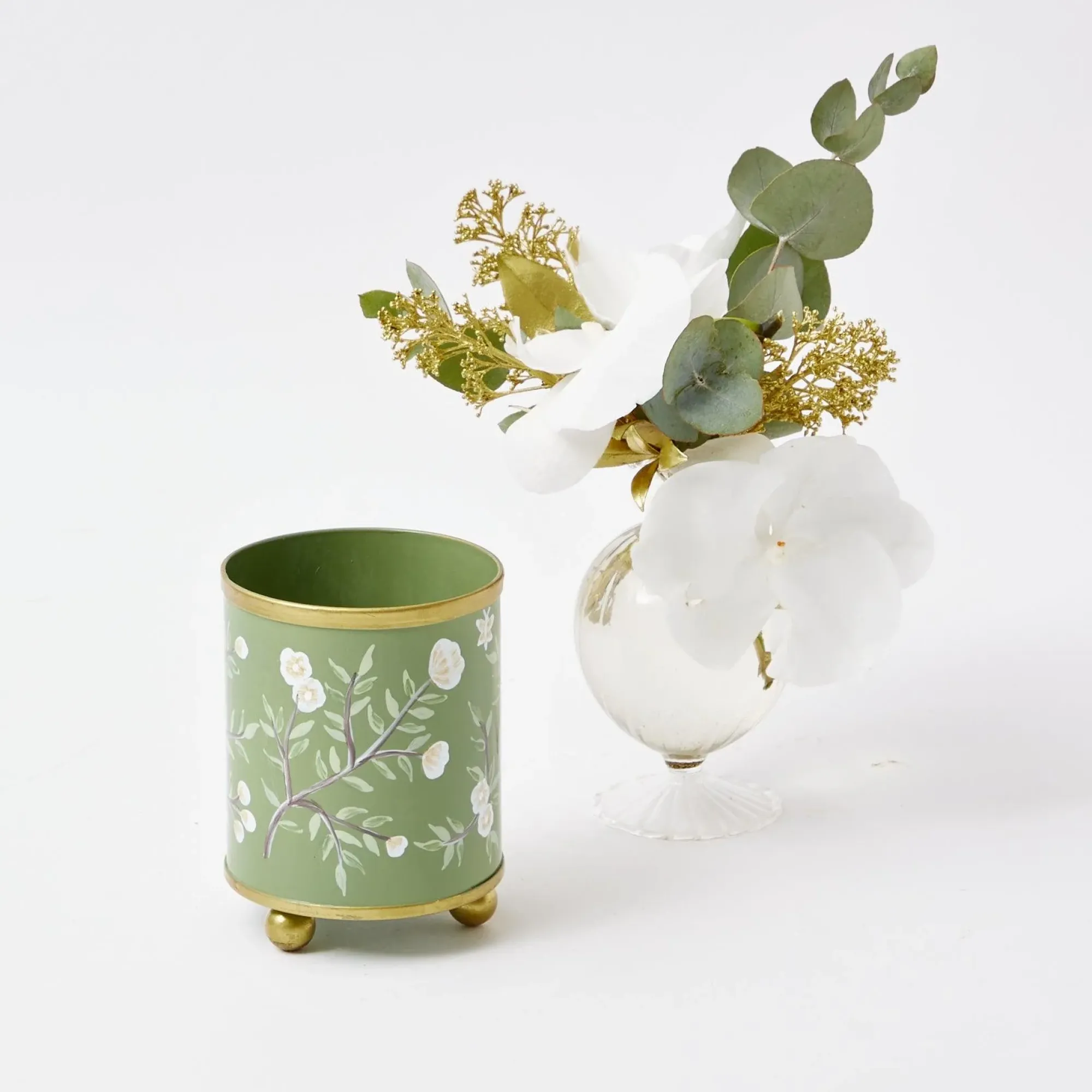 Hand Painted Olive Floral Tole Candle Pot|Mrs. Alice Clearance