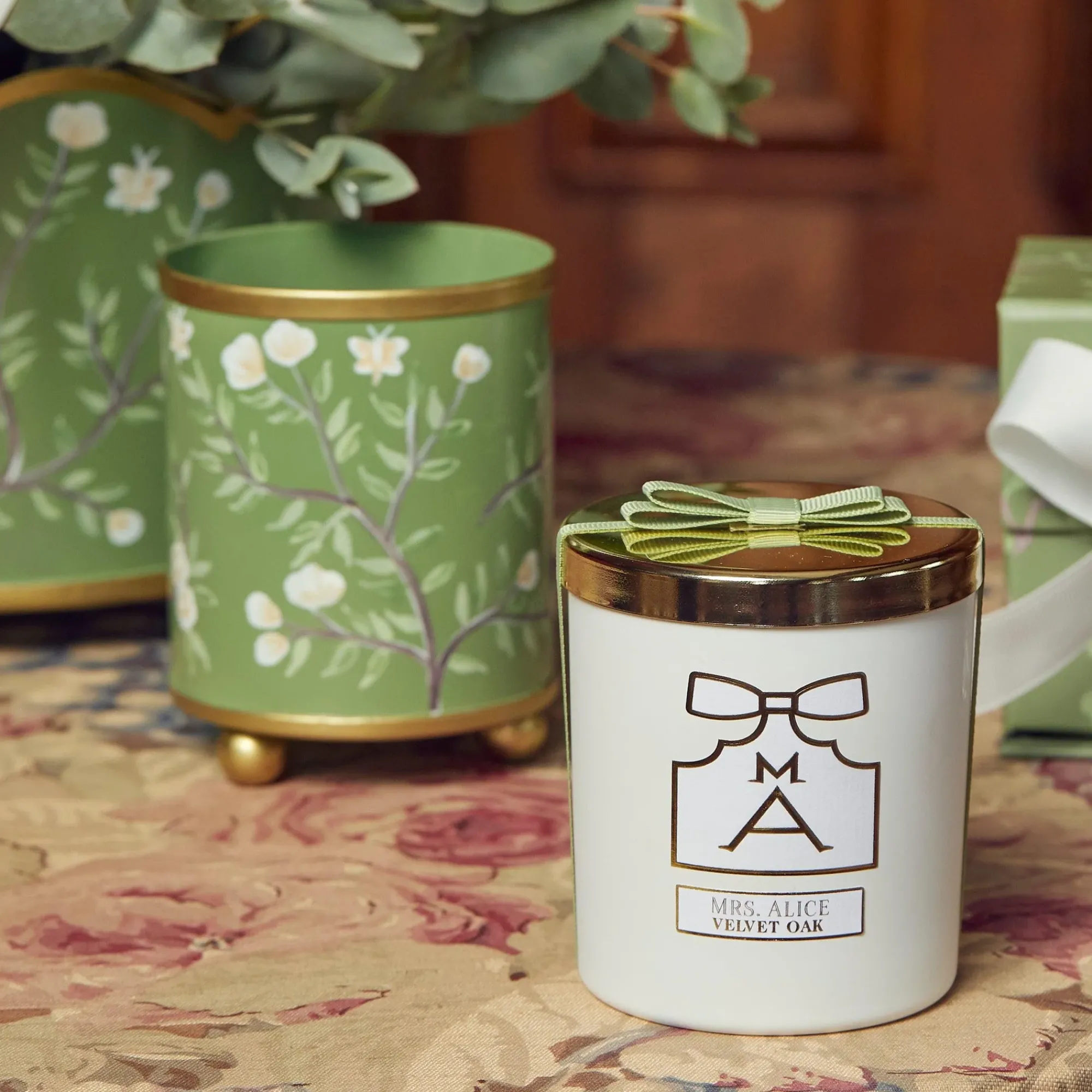 Hand Painted Olive Floral Tole Candle Pot|Mrs. Alice Clearance