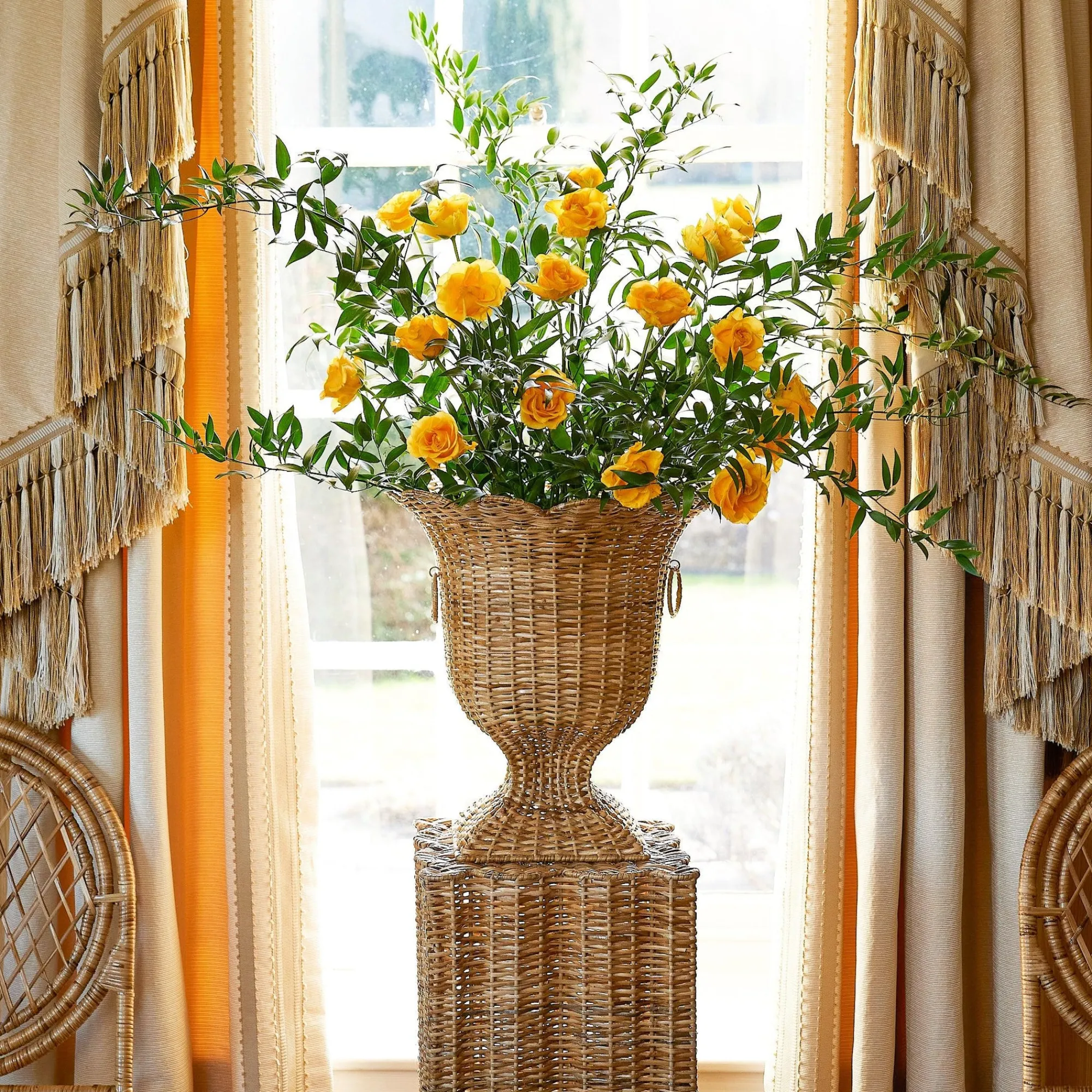 Liliana Scalloped Rattan Pedestal And Urn|Mrs. Alice Best