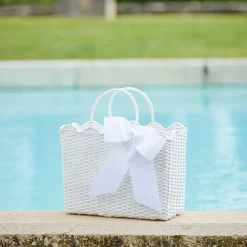White Rattan Tote Bag (Blue Bow)|Mrs. Alice Sale