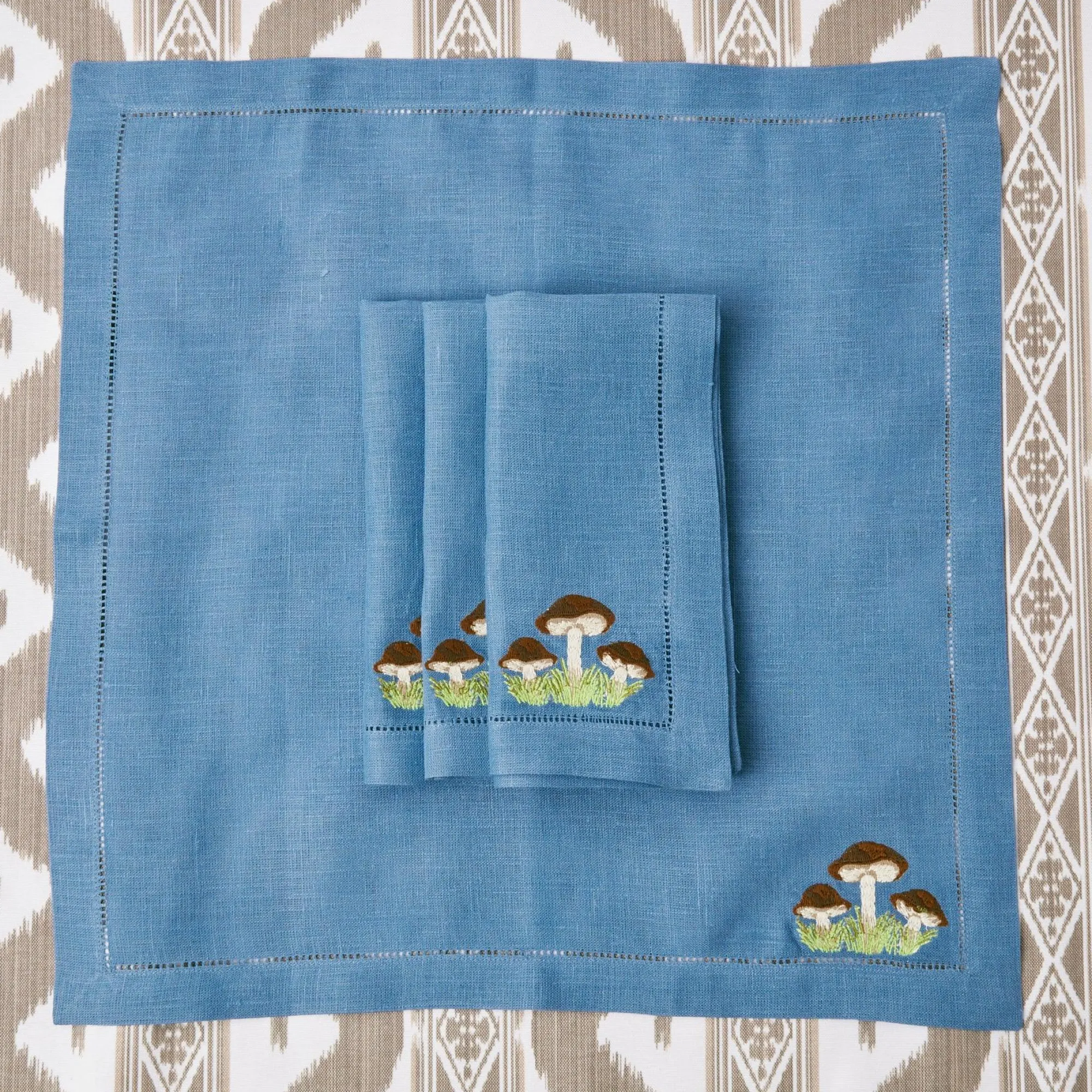 Mushroom Blue Linen Napkins (Set Of 4)|Mrs. Alice Discount