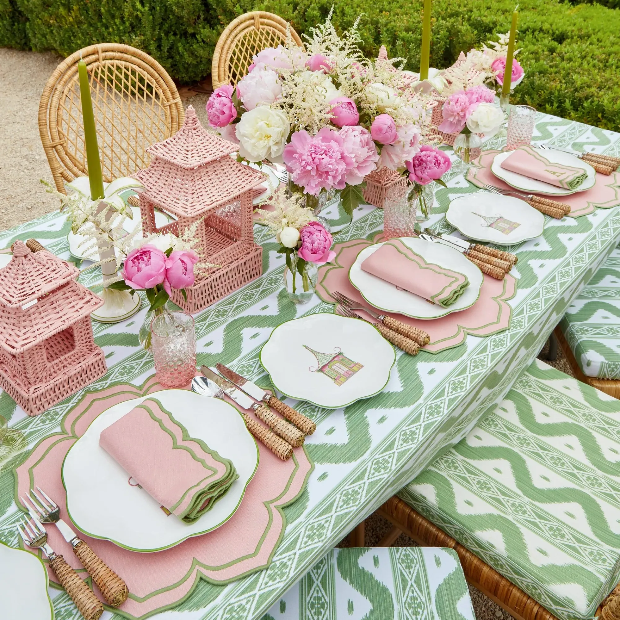 Pink & Green Pagoda Dinner & Starter Plates (Set Of 8)|Mrs. Alice Hot