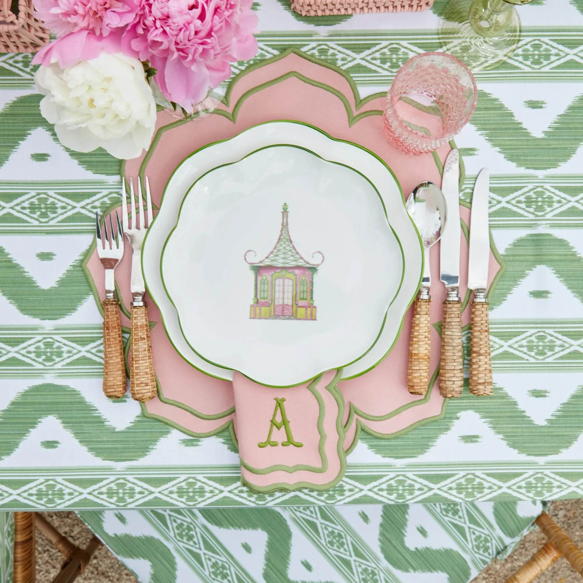 Pink & Green Pagoda Dinner & Starter Plates (Set Of 8)|Mrs. Alice Hot