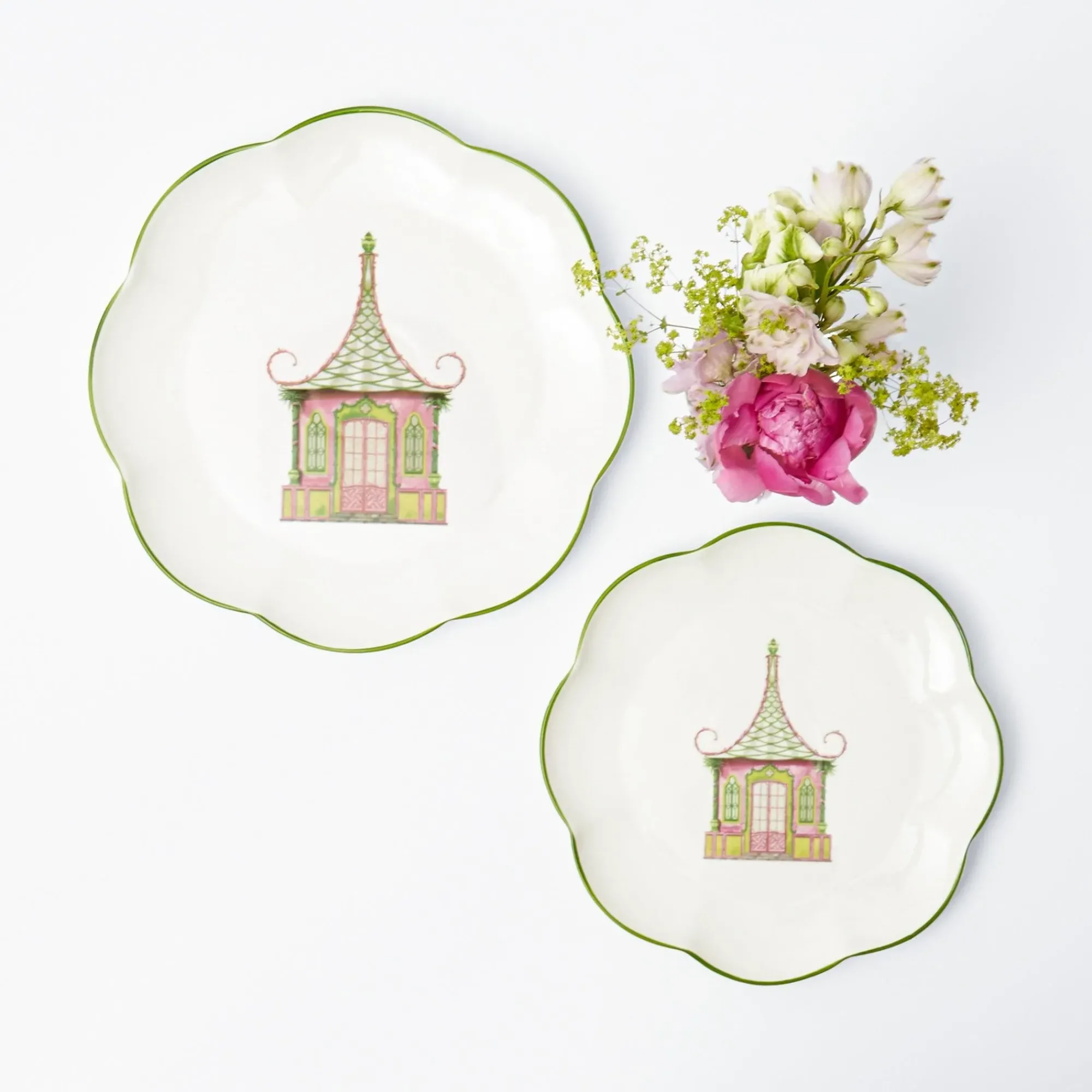 Pink & Green Pagoda Dinner & Starter Plates (Set Of 8)|Mrs. Alice Hot