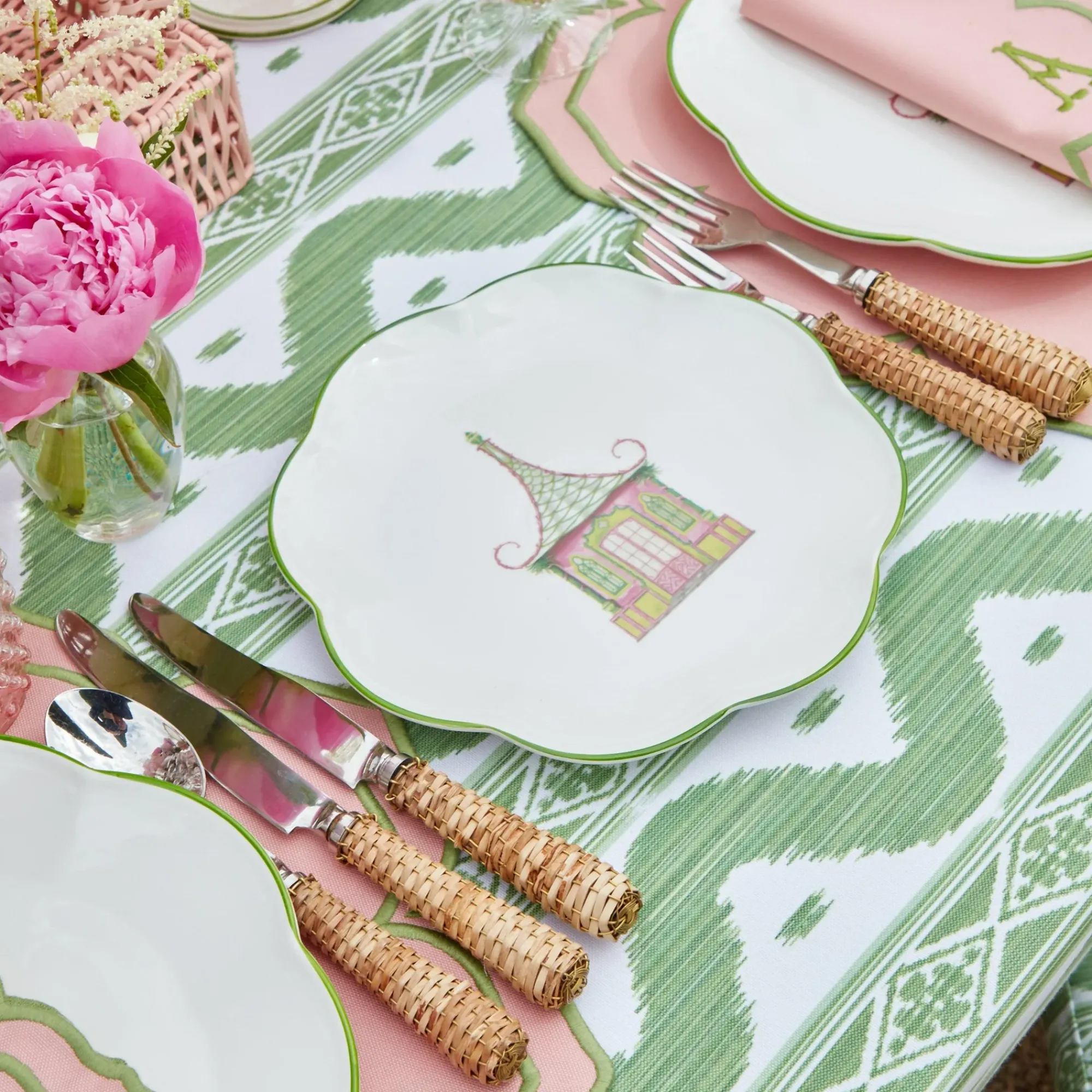 Pink & Green Pagoda Dinner & Starter Plates (Set Of 8)|Mrs. Alice Outlet