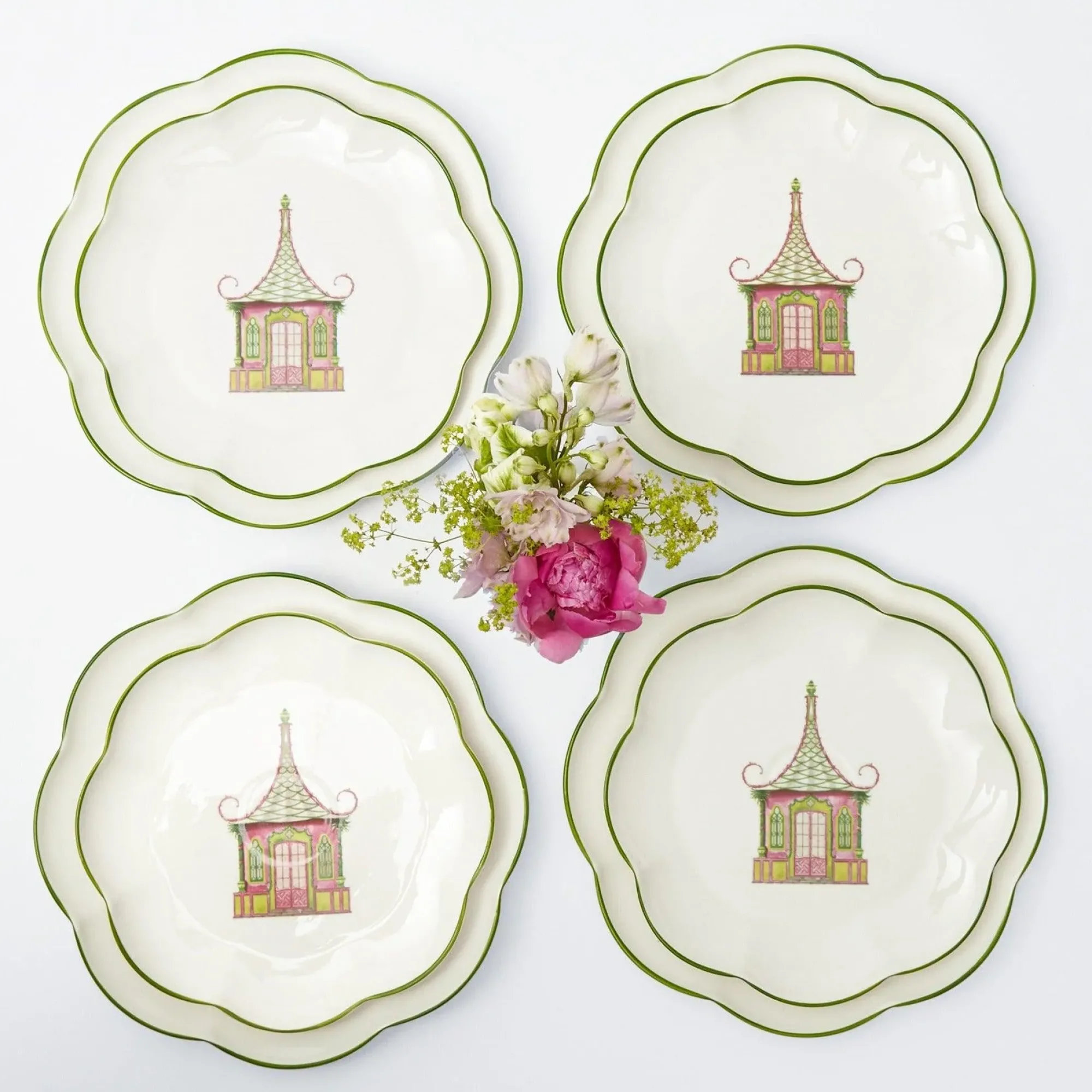 Pink & Green Pagoda Dinner & Starter Plates (Set Of 8)|Mrs. Alice Outlet