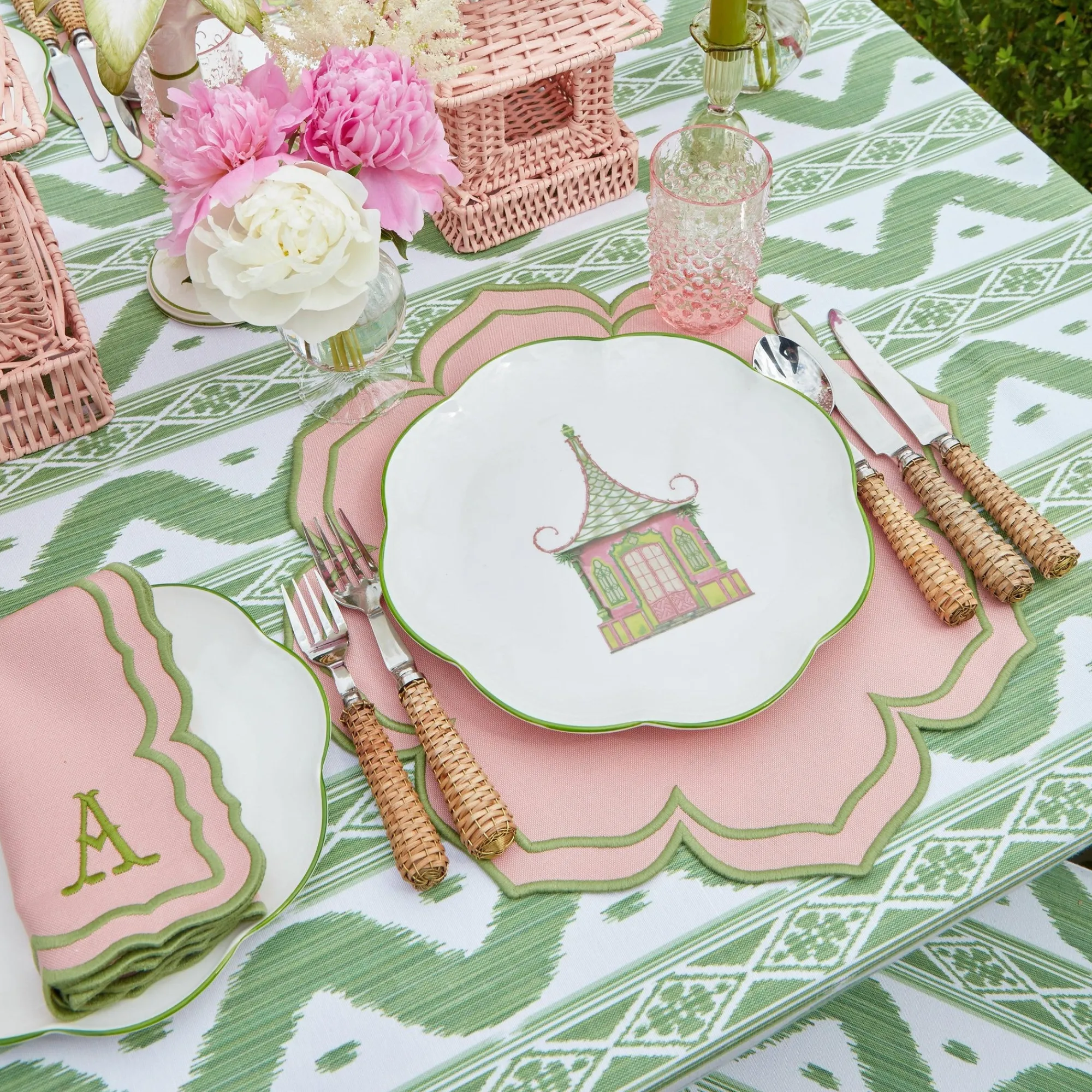 Pink & Green Pagoda Dinner & Starter Plates (Set Of 8)|Mrs. Alice Outlet