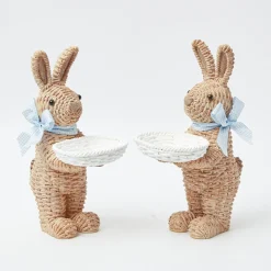 Rattan Blue Ribboned Rabbit With Basket (Pair)|Mrs. Alice Outlet