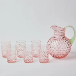 Rose Hobnail Jug With Emerald Handle & Glasses (Set Of 6)|Mrs. Alice Sale