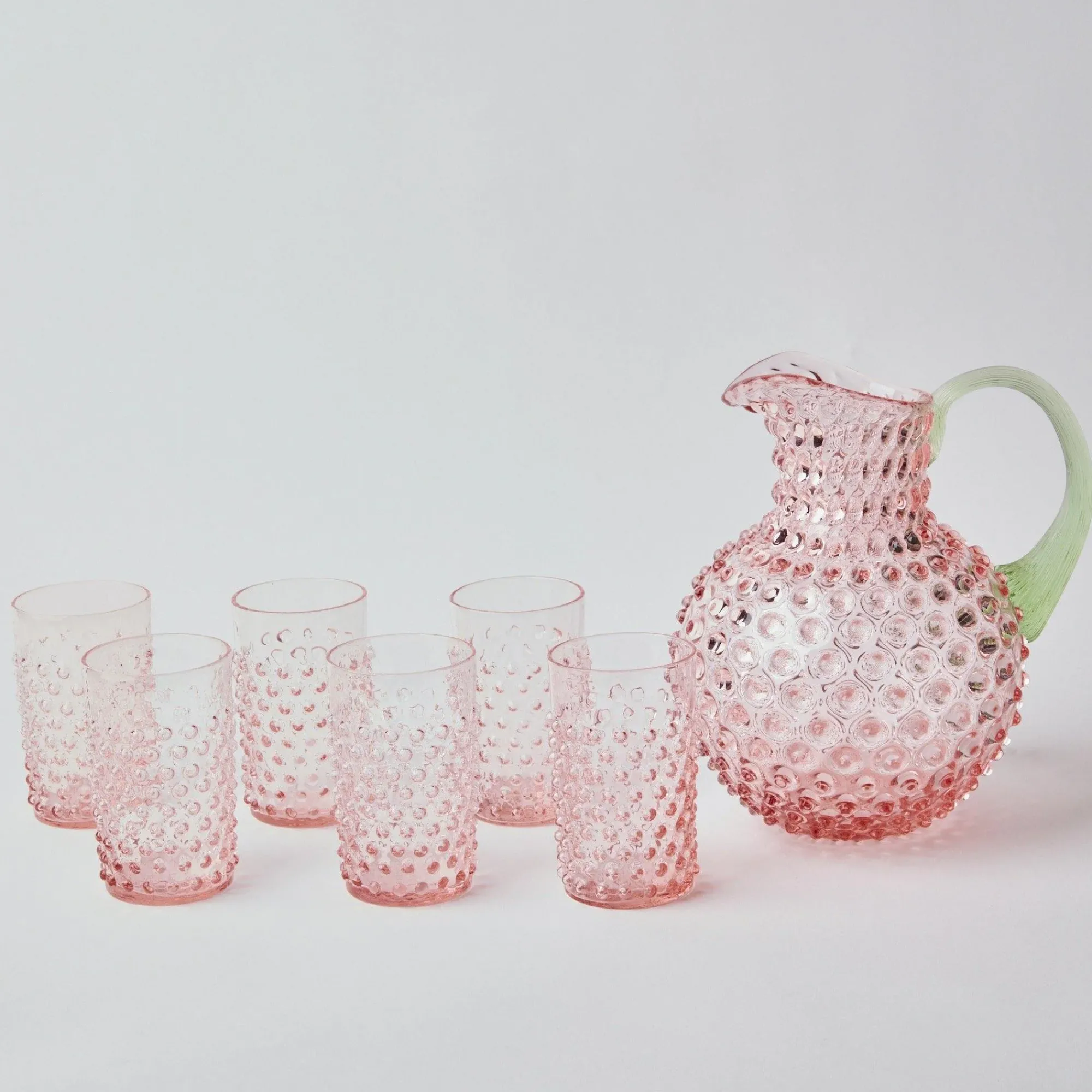 Rose Hobnail Jug With Emerald Handle & Glasses (Set Of 6)|Mrs. Alice Sale