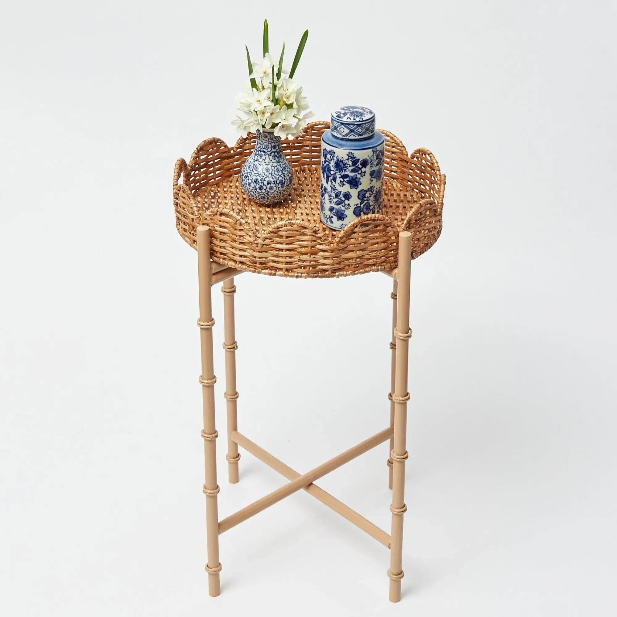 Round Scalloped Rattan Tray With Stand|Mrs. Alice Online