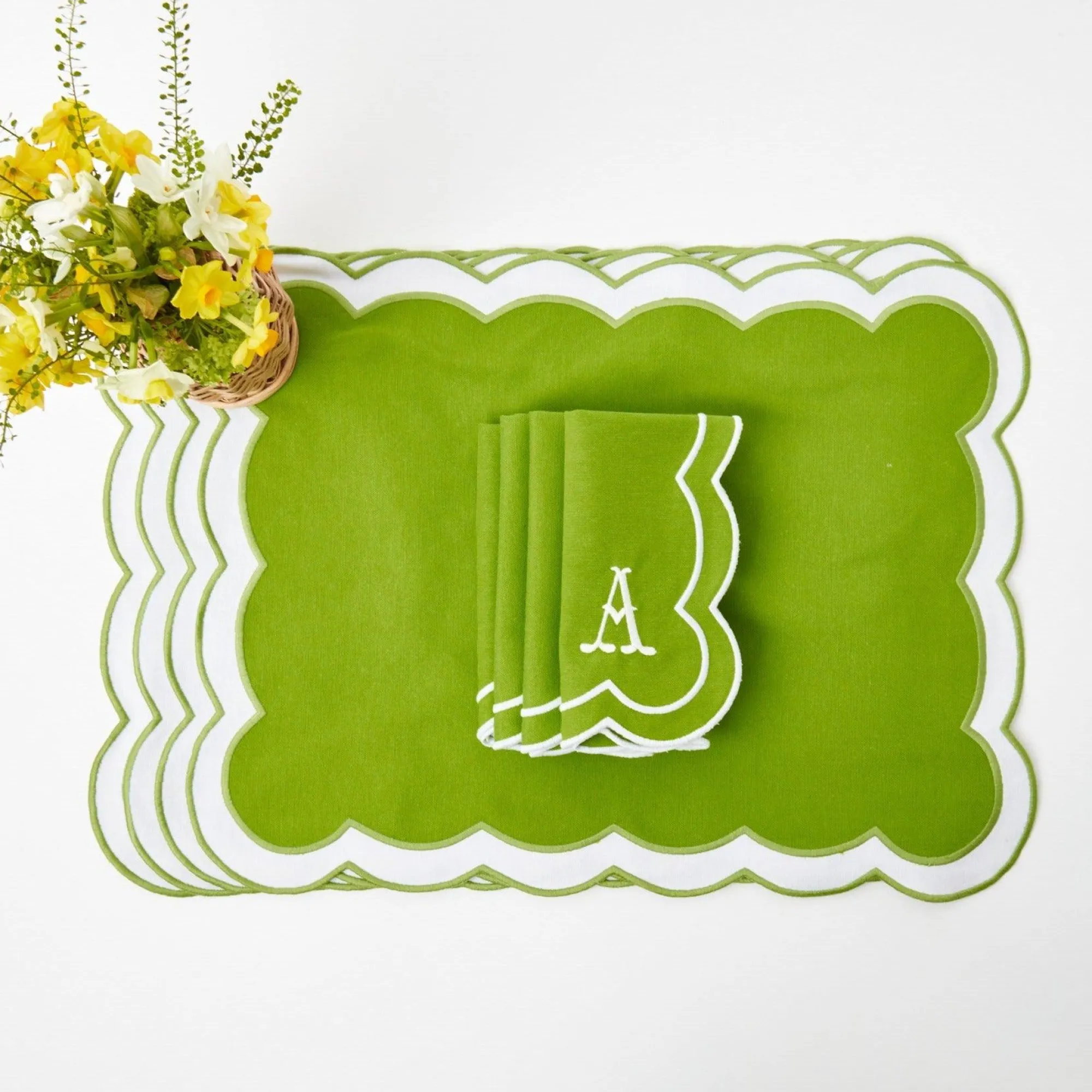 Serena Applique Green Placemats & Napkins (Set Of 4)|Mrs. Alice Best