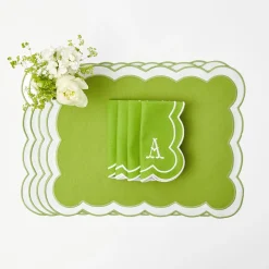 Serena Applique Green Placemats & Napkins (Set Of 4)|Mrs. Alice Best