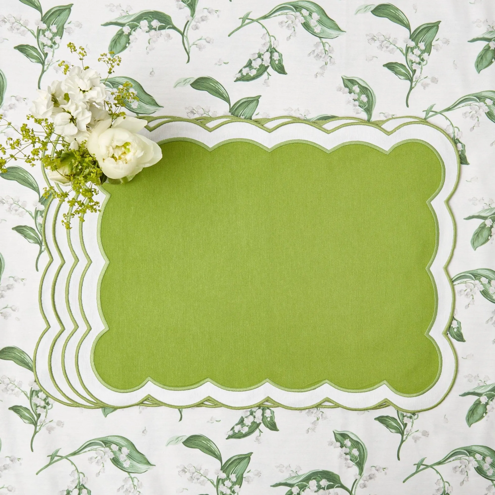 Serena Applique Green Placemats & Napkins (Set Of 4)|Mrs. Alice Best