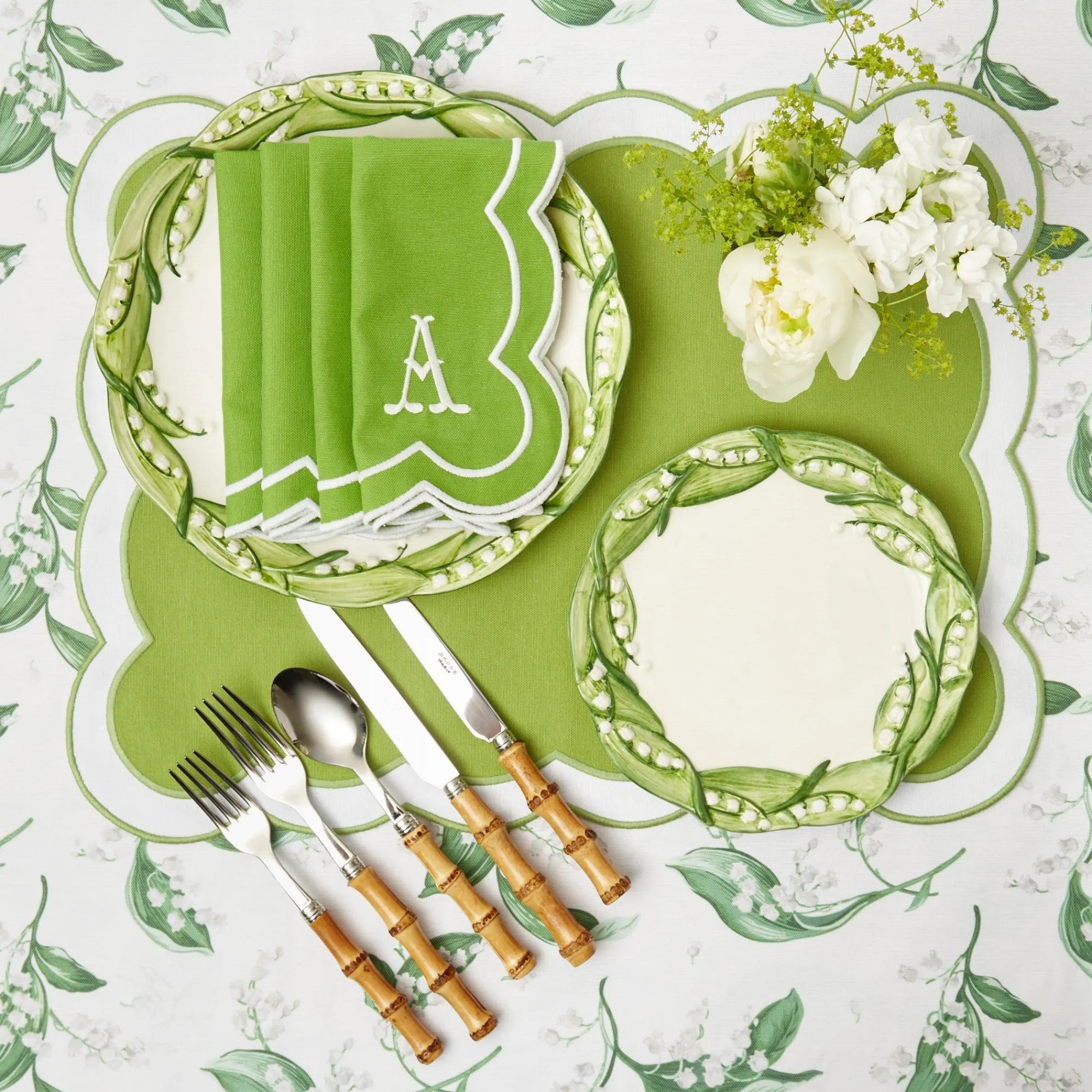 Serena Applique Green Placemats & Napkins (Set Of 4)|Mrs. Alice Best